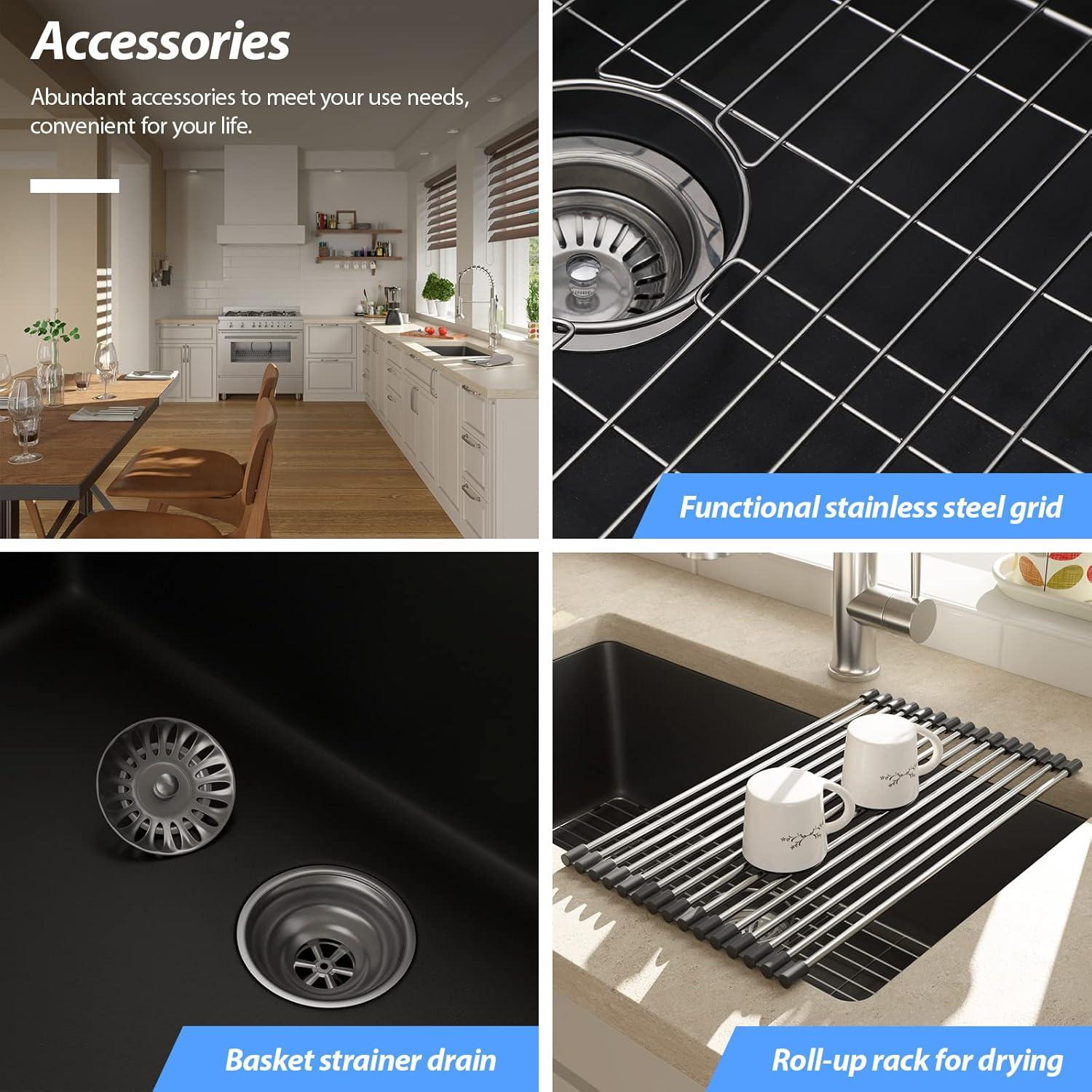 Davivy 33 Inch Black Granite Composite Kitchen Sink Workstation, 33 X 22 Quartz Composite Dual Mount Sink, Matte Black Composite Single Bowl Sink