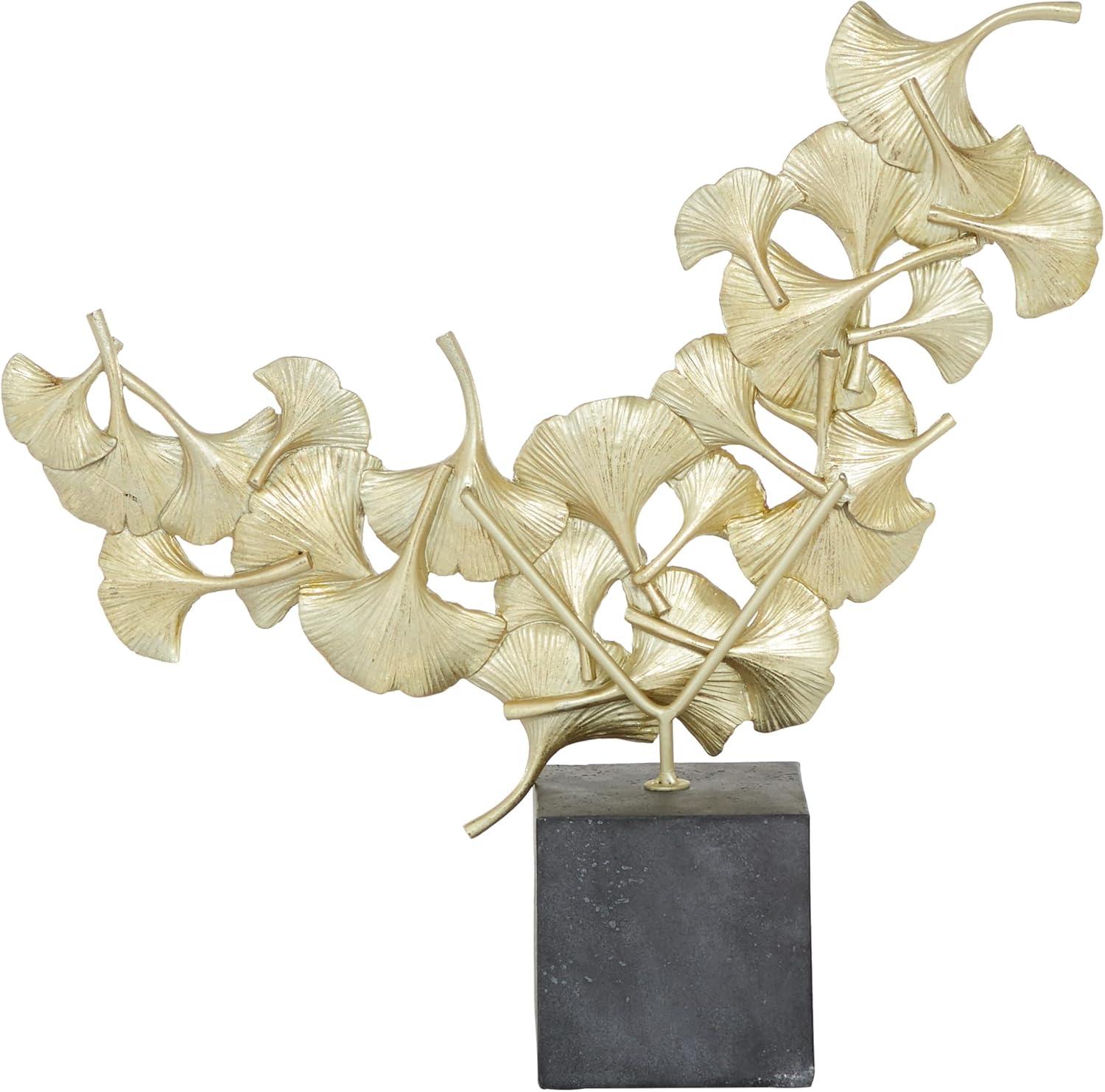 Gold Resin Floral Sculpture with Black Base, 17" Height