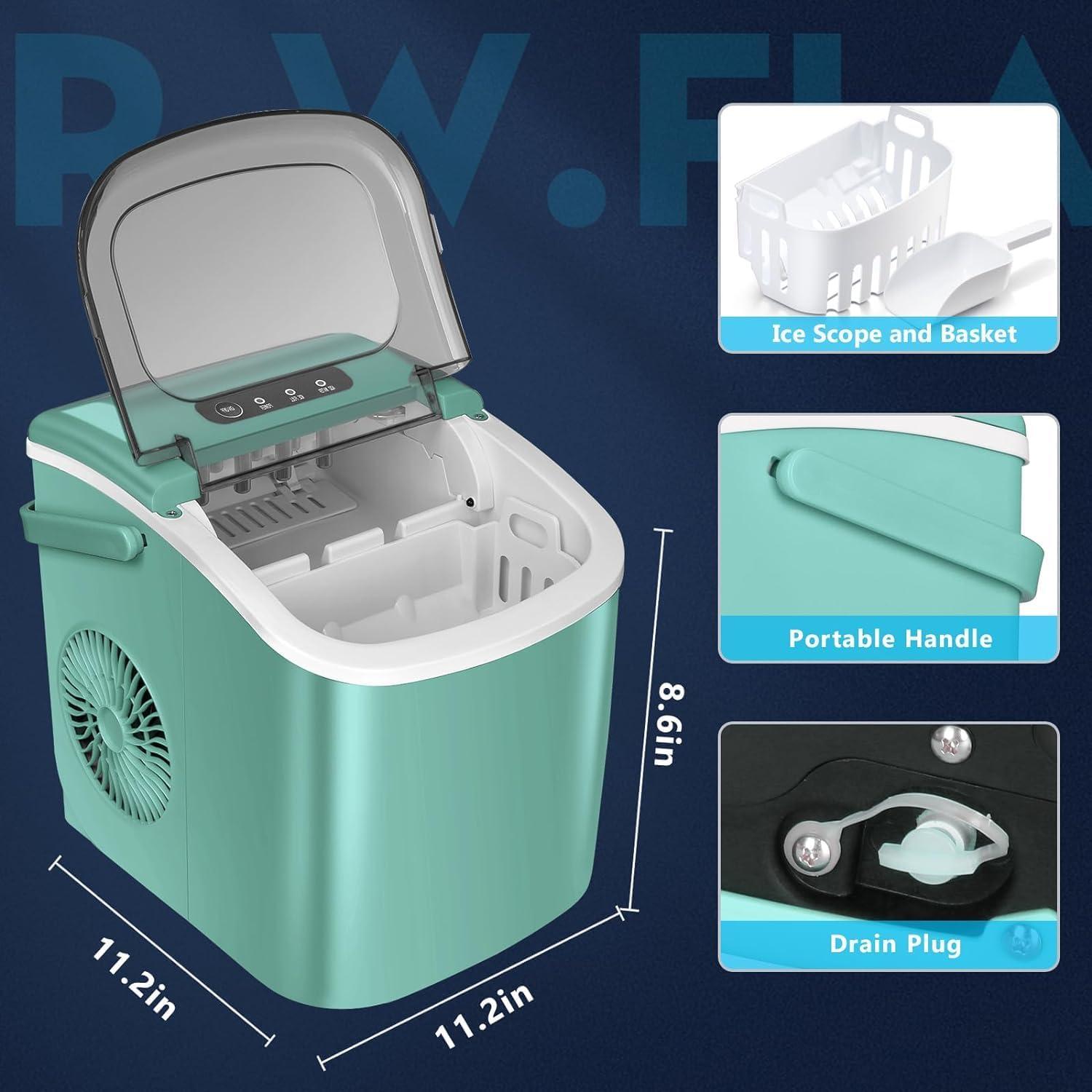 R.W.FLAME Ice Makers Countertop with Handle,26.5Lbs/24H,9 Cubes in 6 Mins,2 Sizes of Bullet Ice,Portable Ice Maker Machine with Self-Cleaning, green