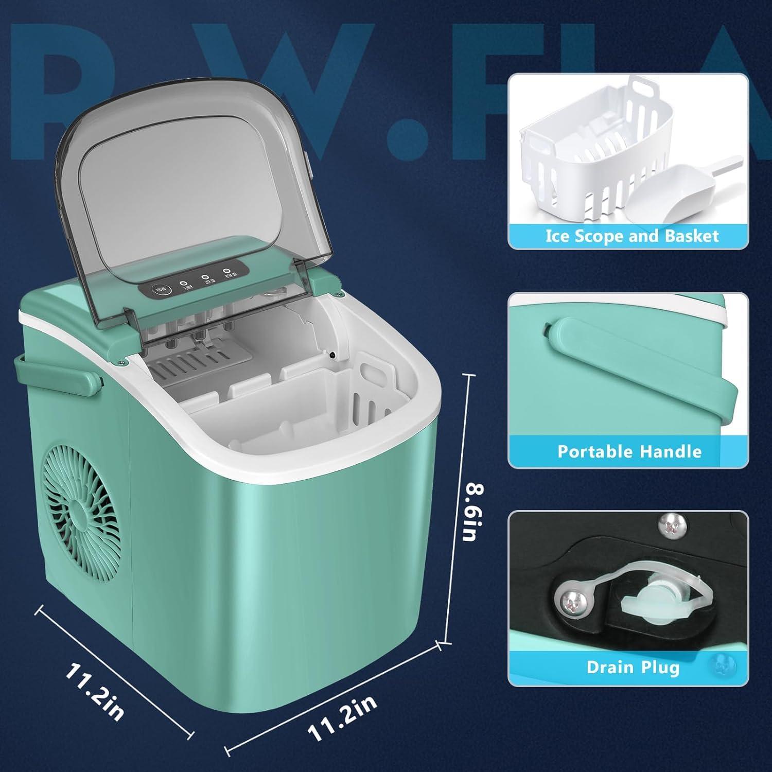R.W.FLAME Ice Makers Countertop with Handle,26.5Lbs/24H,9 Cubes in 6 Mins,2 Sizes of Bullet Ice,Portable Ice Maker Machine with Self-Cleaning, green