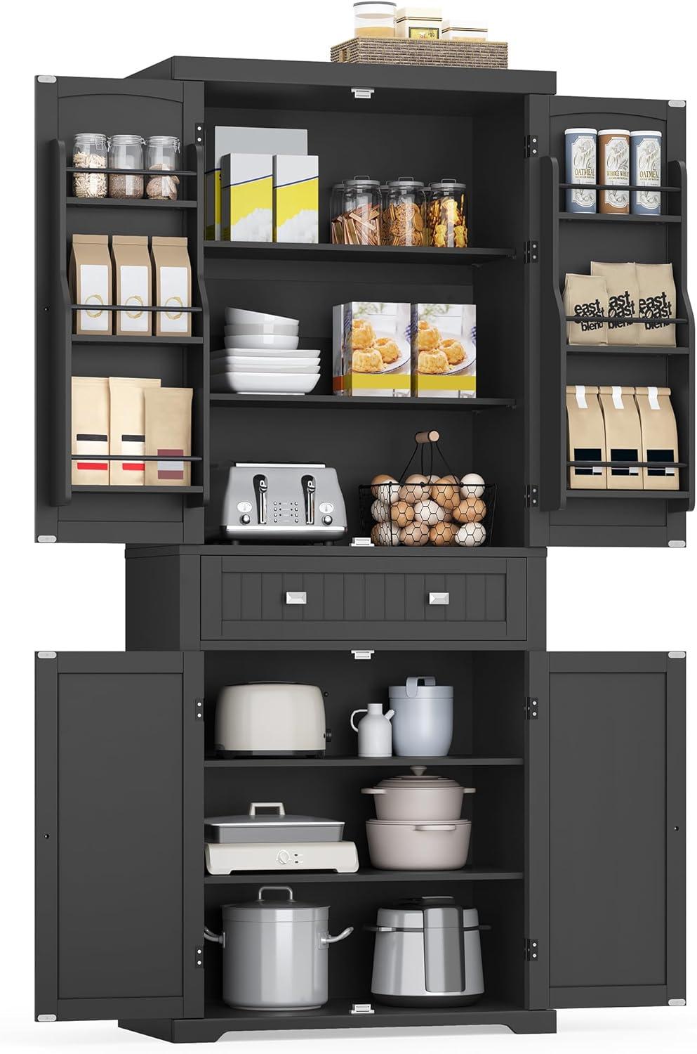 Ink Black Tall Freestanding Kitchen Pantry Cabinet with Adjustable Shelves