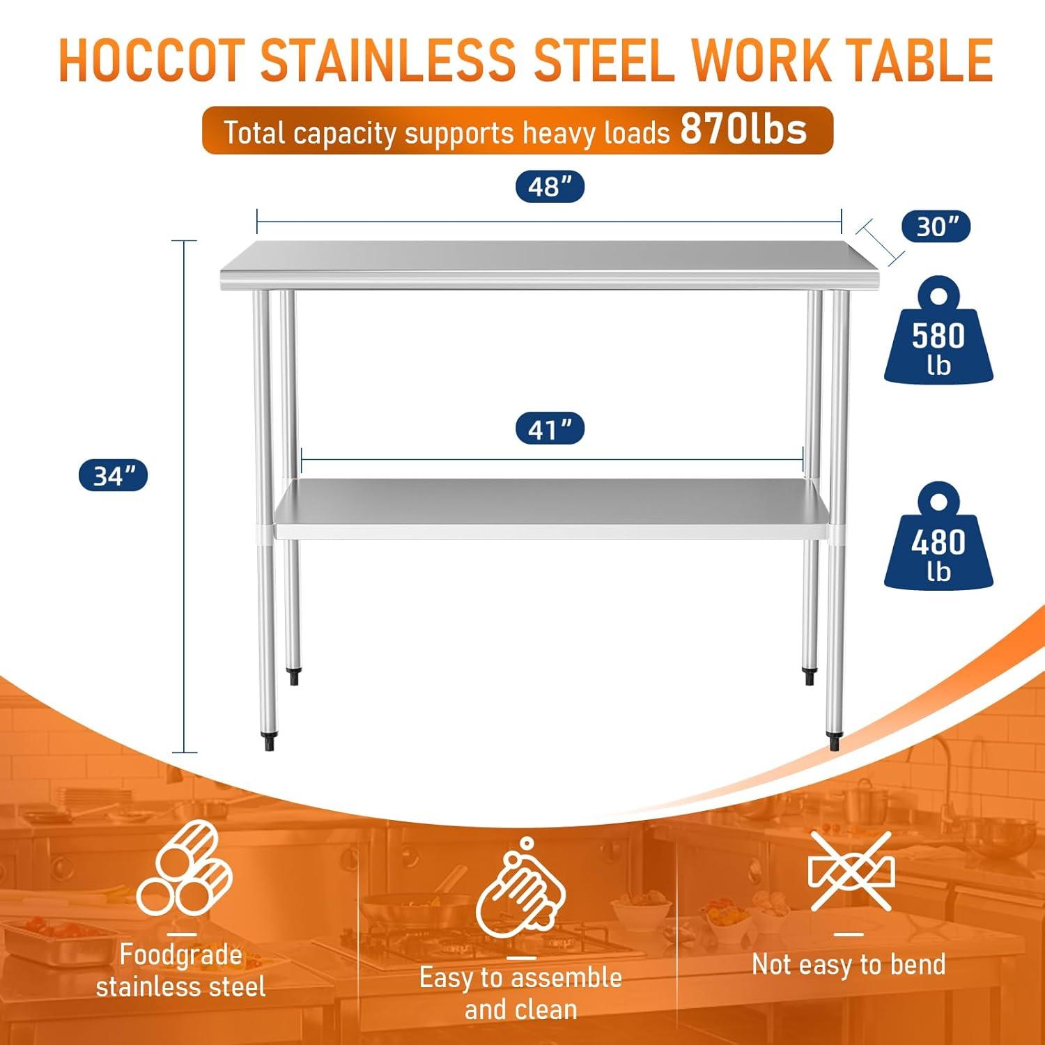 Stainless Steel Table for Food Prep & Work 30 x 48 inches Utility Table with Adjustable Undershelf, Commercial Workstation in Kitchen, Garage, Outdoor BBQ