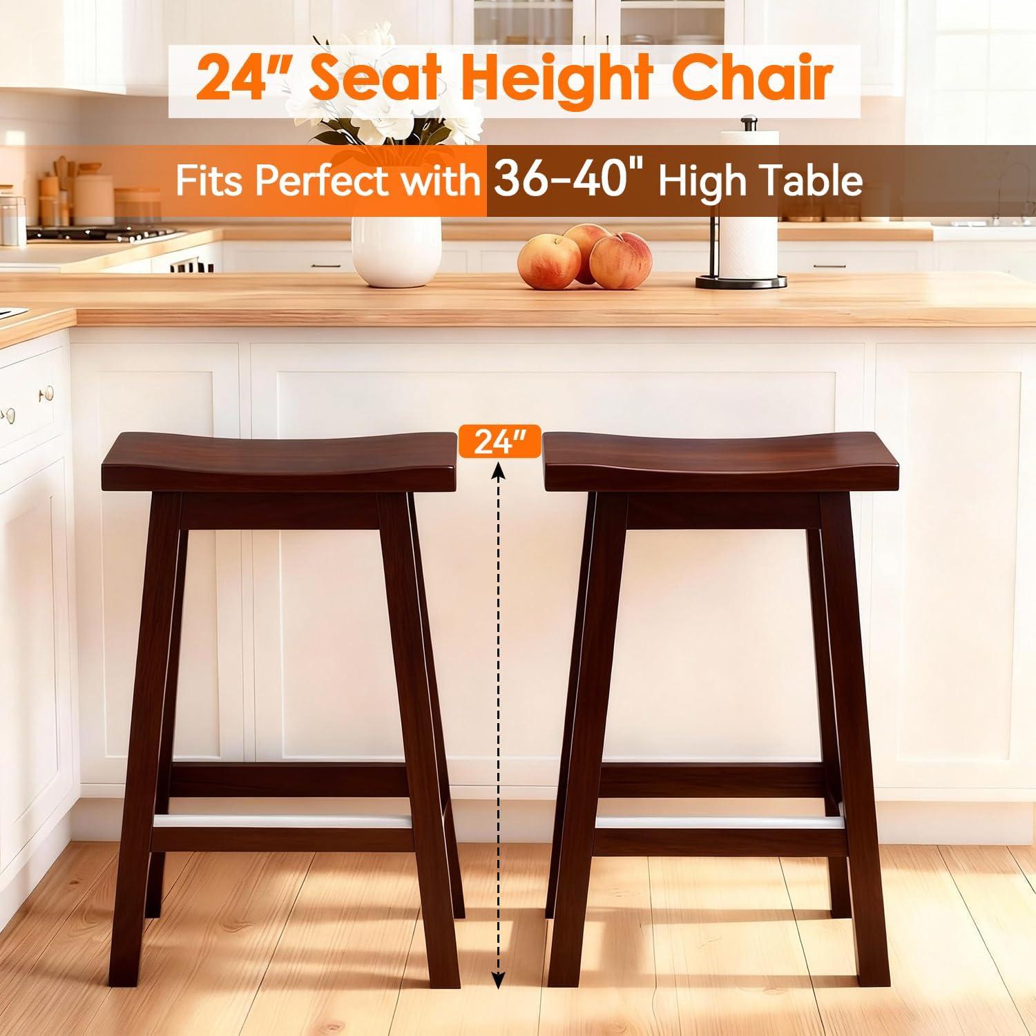 QuellQuest Bar Stools Set of 2 for Kitchen Counter Solid Wooden Saddle Stools 24-Inch/30-Inch Height (Brown, 24 in)