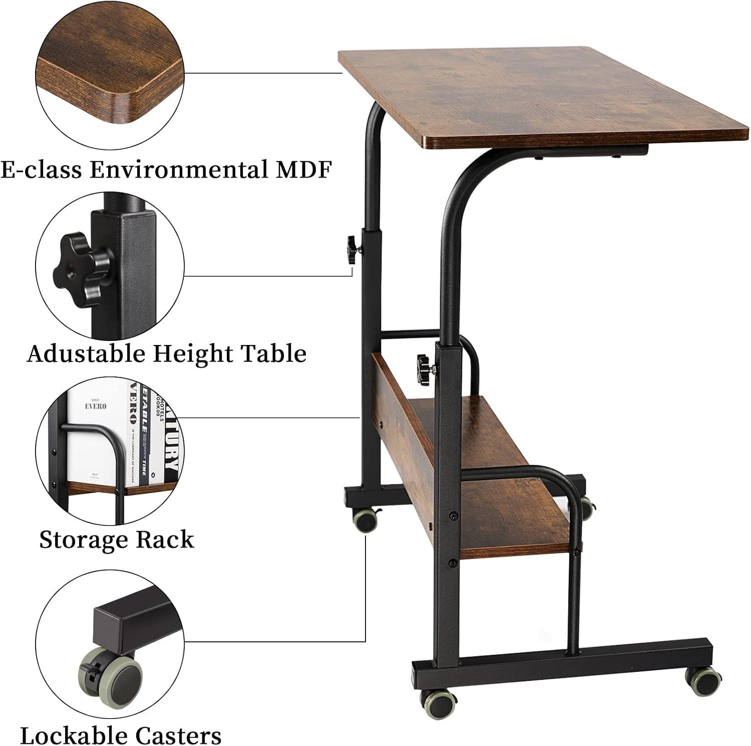 Adjustable Height Brown Mobile Laptop Cart with Storage Shelf