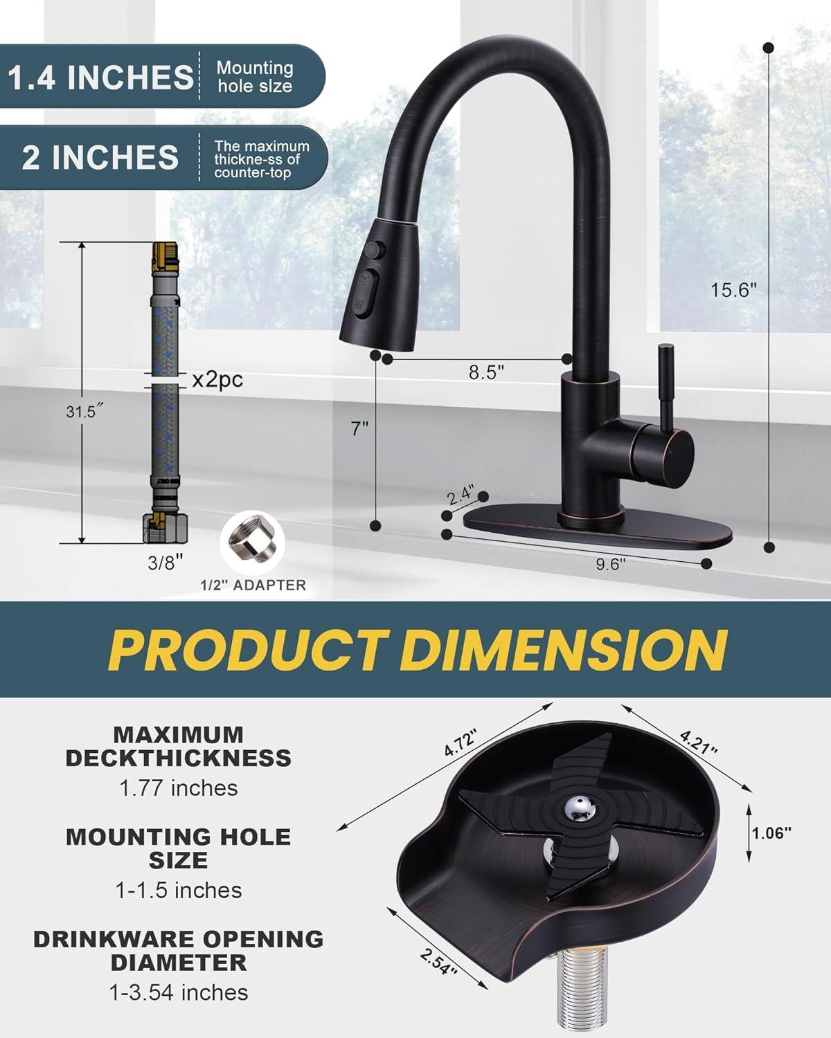Wowow Kitchen Faucet with Glass Rinser, Stainless Steel Kitchen Sink Faucet and Cup Rinser Combo for Kitchen Sink, Oil Rubbed Bronze