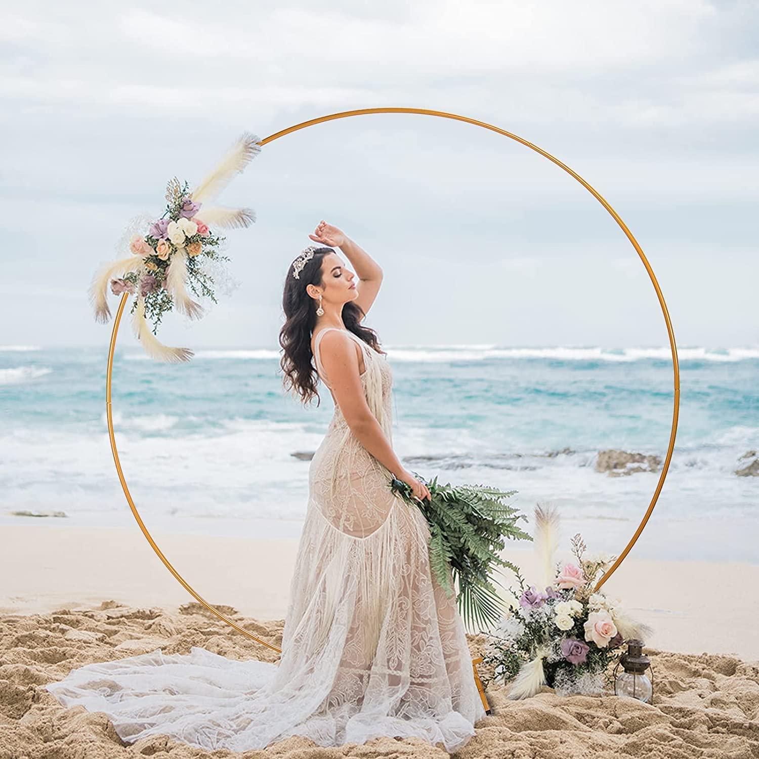 GARFANS Round Backdrop Stand 6.56FT Metal Gold Wedding Arch with Support Feet Nails Circle Balloon Arch Stand Garden Arbor Frame for Wedding Birthday Party Baby Shower Photo Background Ceremony Decor