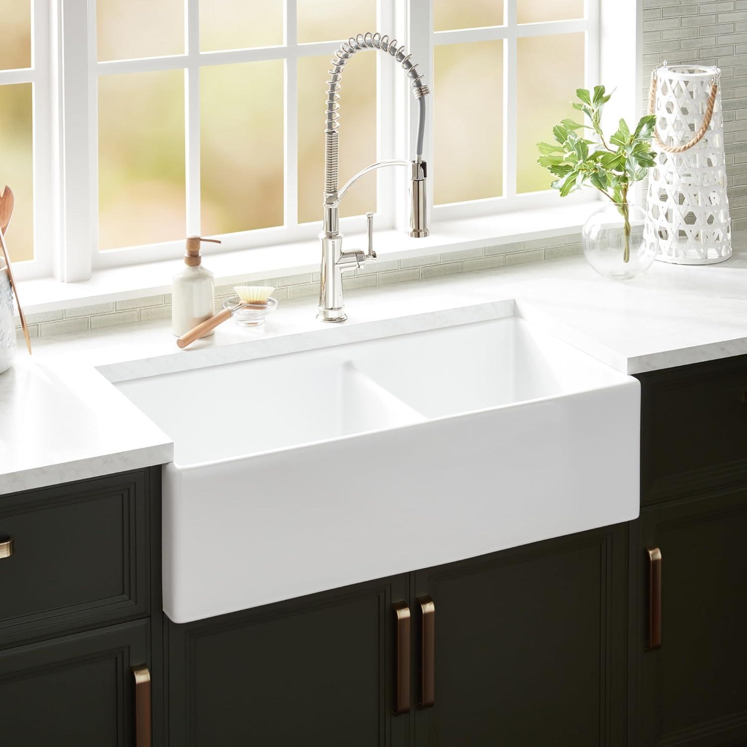 Rowena 36" White Fireclay Double Basin Farmhouse Sink