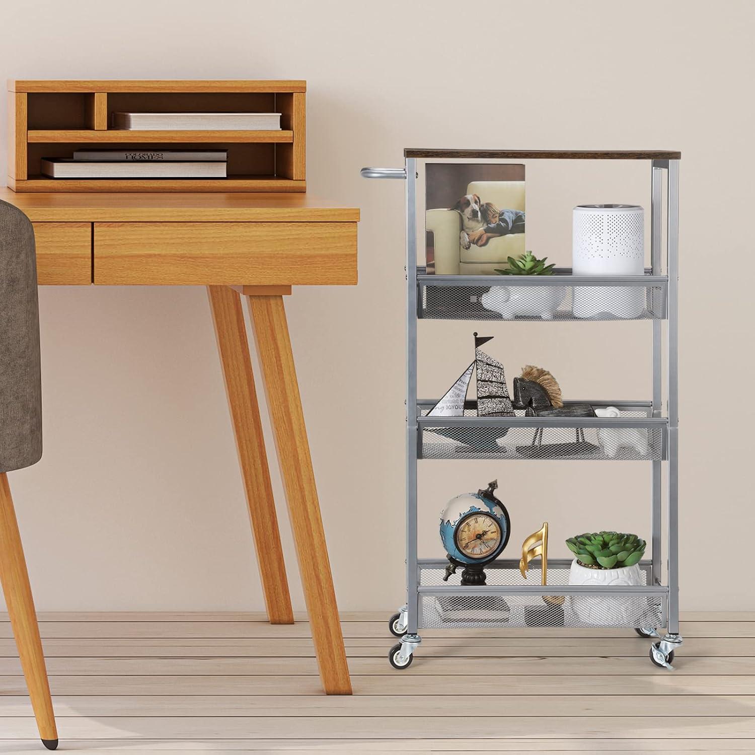 NANANARDOSO 4 Tier Slim Storage Cart, Shelving Unit for Small Space, Rolling Cart with Wooden Top and Metal Handle for Narrow Space on Kitchen, Bathroom, Laundry Room, Black.