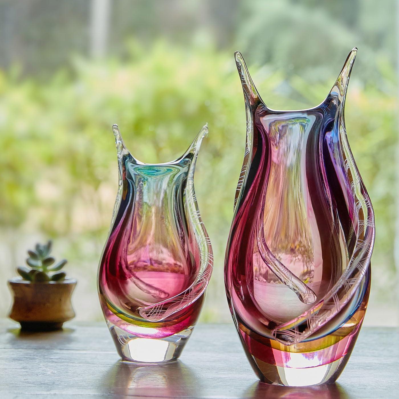 Luxury Lane Hand Blown Sommerso Art Glass Teardrop Vase Multicolored 8"H