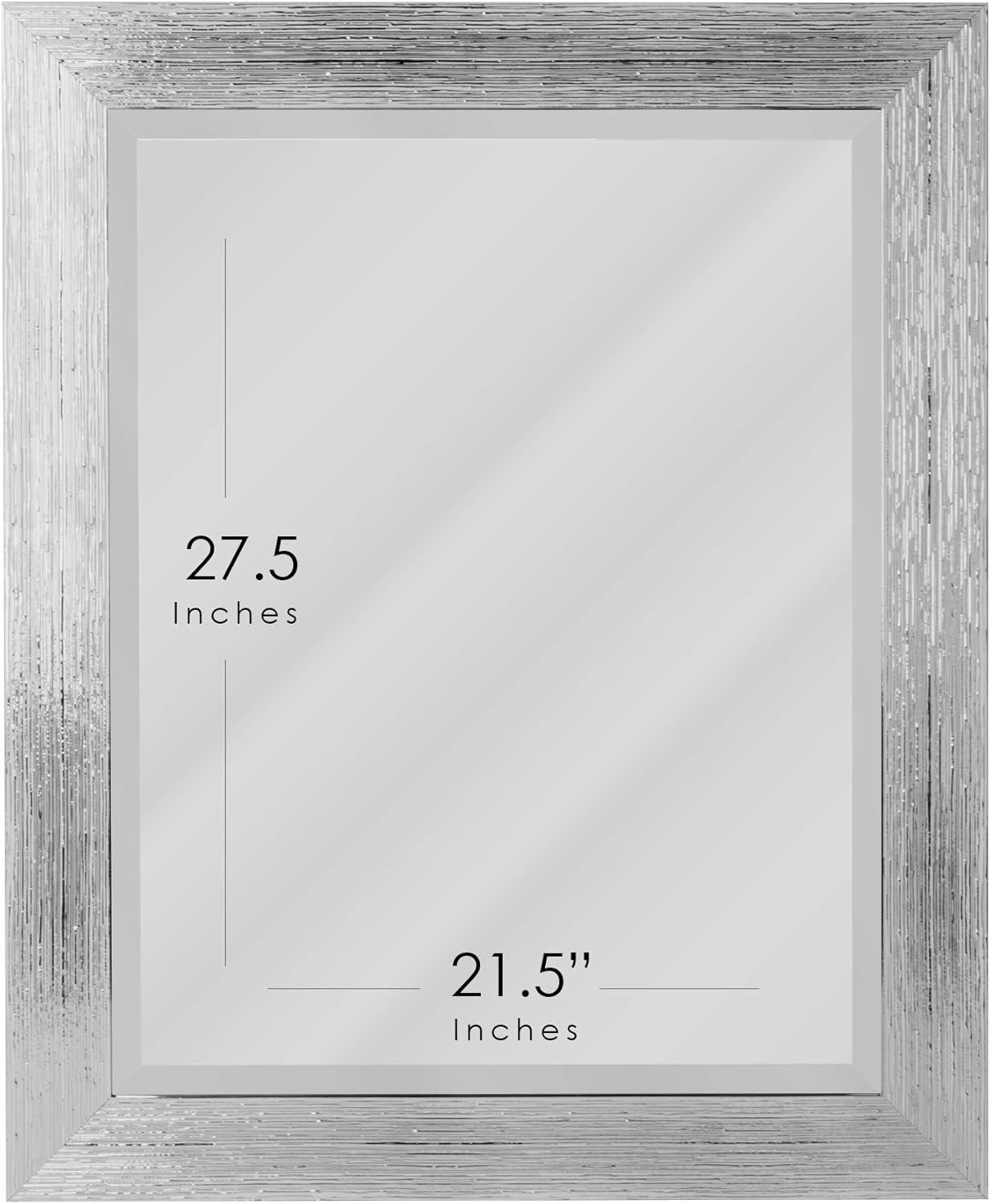 Elegant Chrome and White Textured Rectangular Beveled Wall Mirror - 27.5" x 33.5"