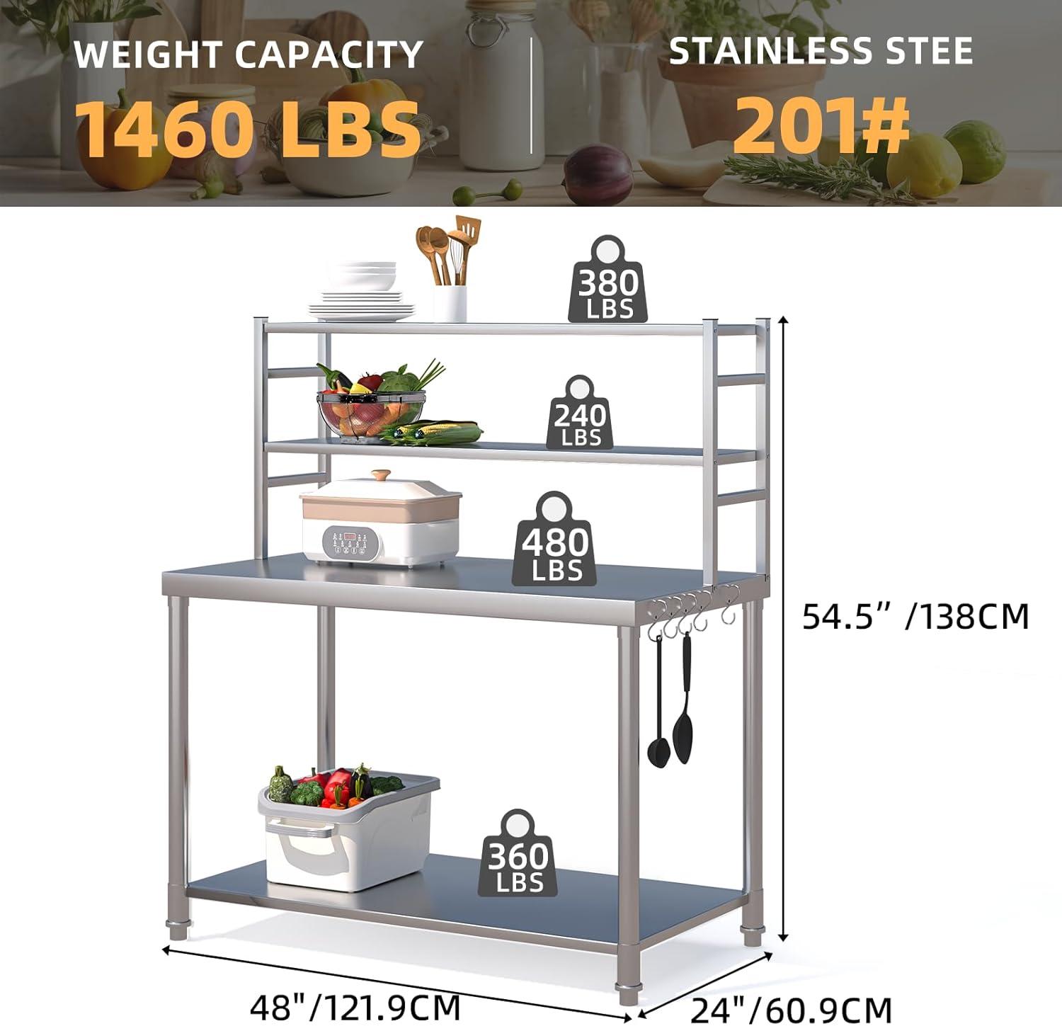 48" x 24" Food Prep Table Kitchen Work Table Stainless Steel Table Heavy Duty Metal Kitchen Prep Table Commercial Kitchen Prep & Work Table,Galvanized