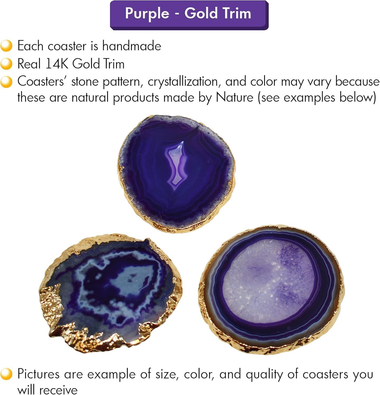 Purple and Gold Rimmed Round Agate Stone Coasters Set