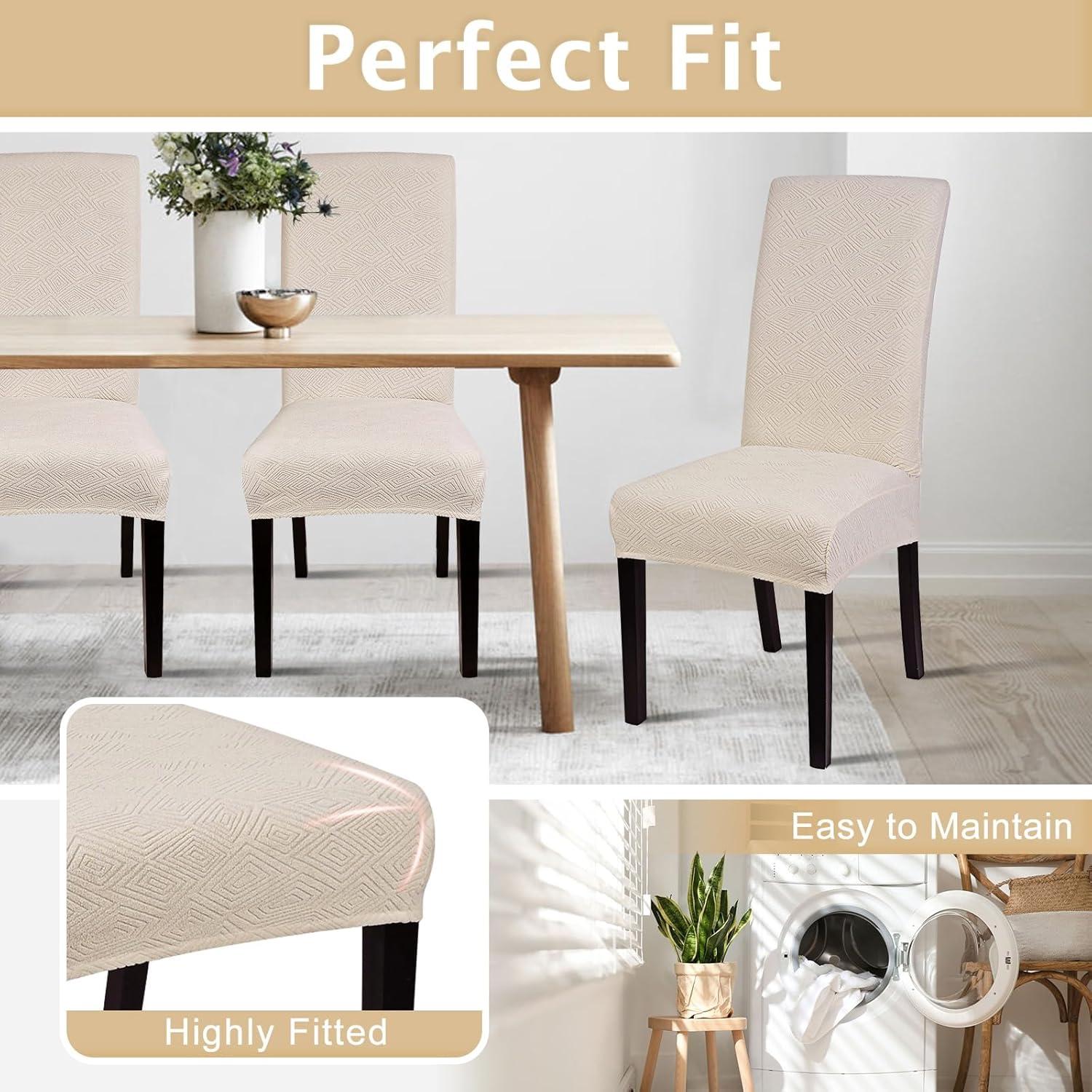 Beige Stretch Jacquard Dining Chair Covers, Set of 4