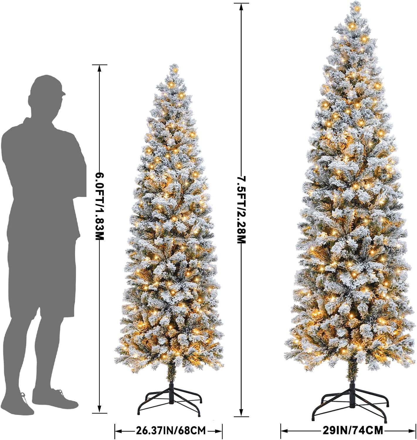 7.5ft Pre-lit Snow-Flocked Kingswood Fir Pencil Artificial Christmas Tree