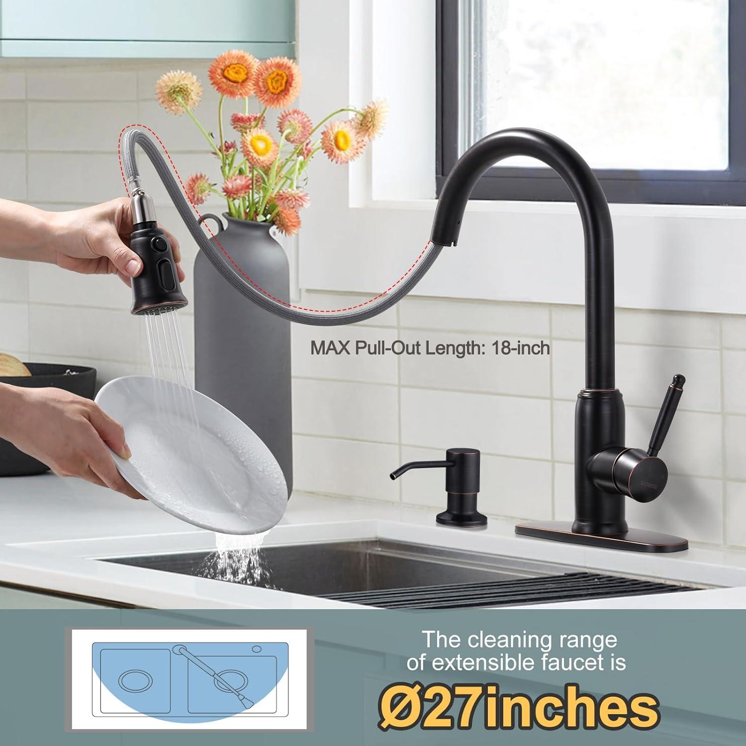 WOWOW Pull Out Kitchen Faucet with Soap Dispenser