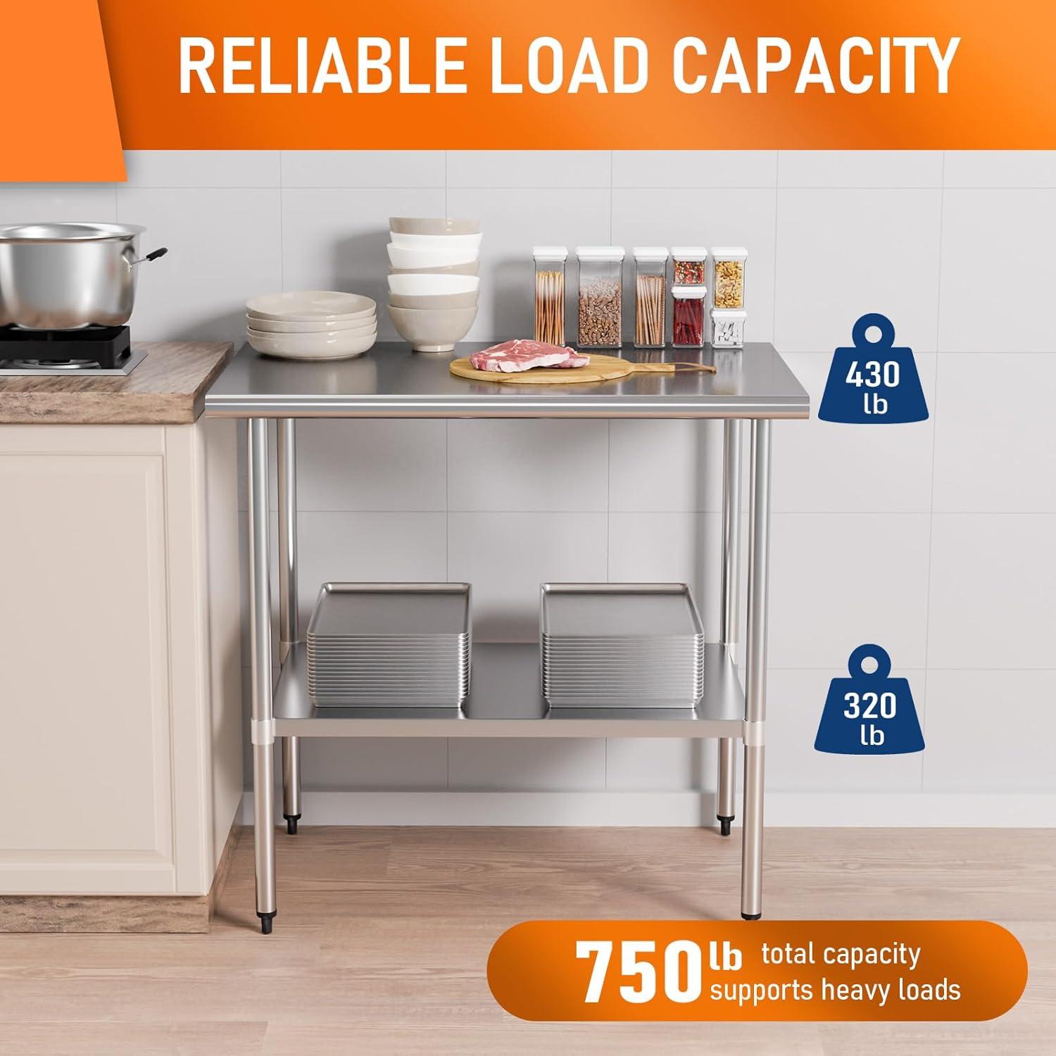 ROVSUN 36'' x 24'' Stainless Steel Table for Prep & Work, Metal Table with Undershelf for Kitchen Restaurant, Home