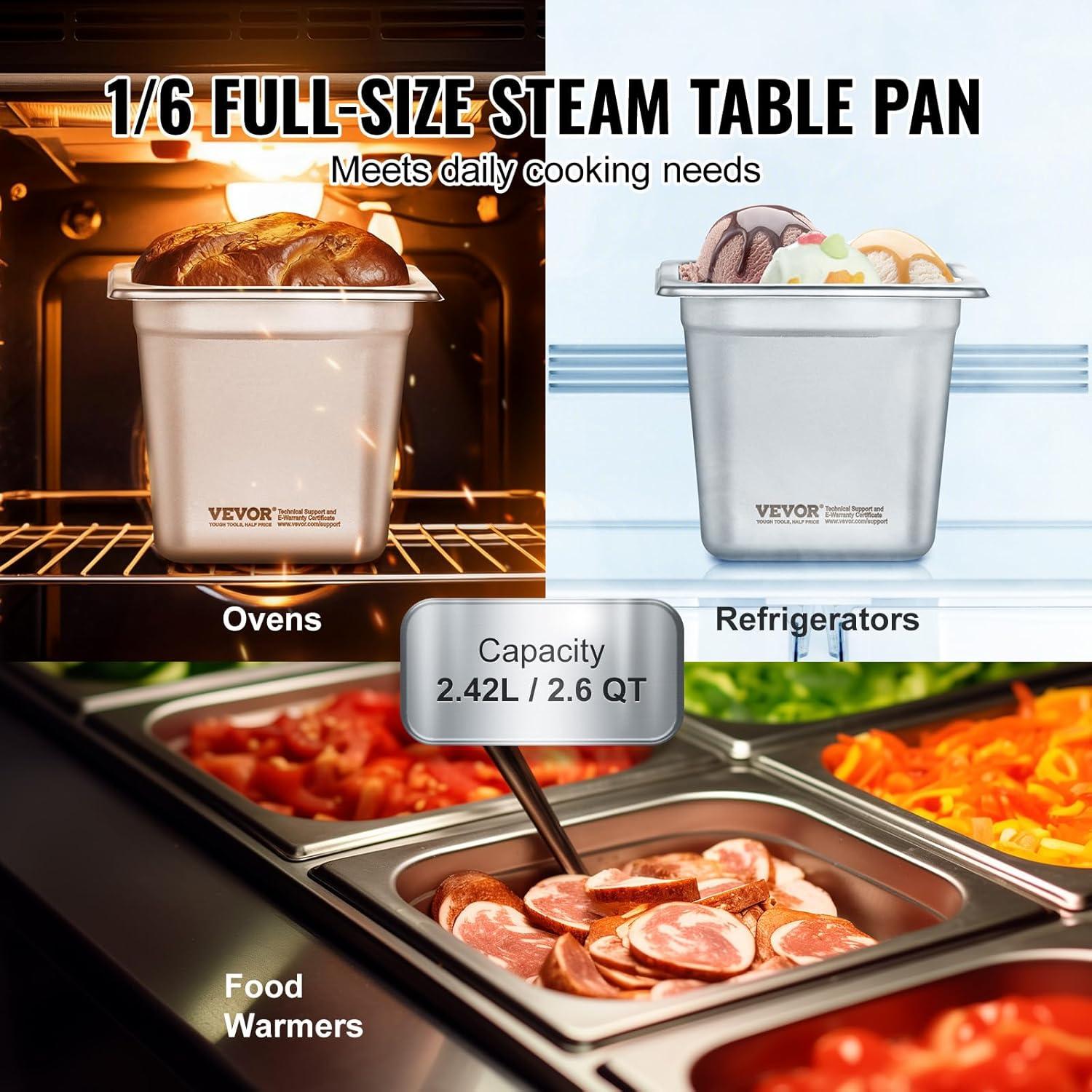 The Party Aisle™ VEVOR 1/6 Size Anti-Jam Steam Pan 6-Inch Deep Table Pan (Set of 6)