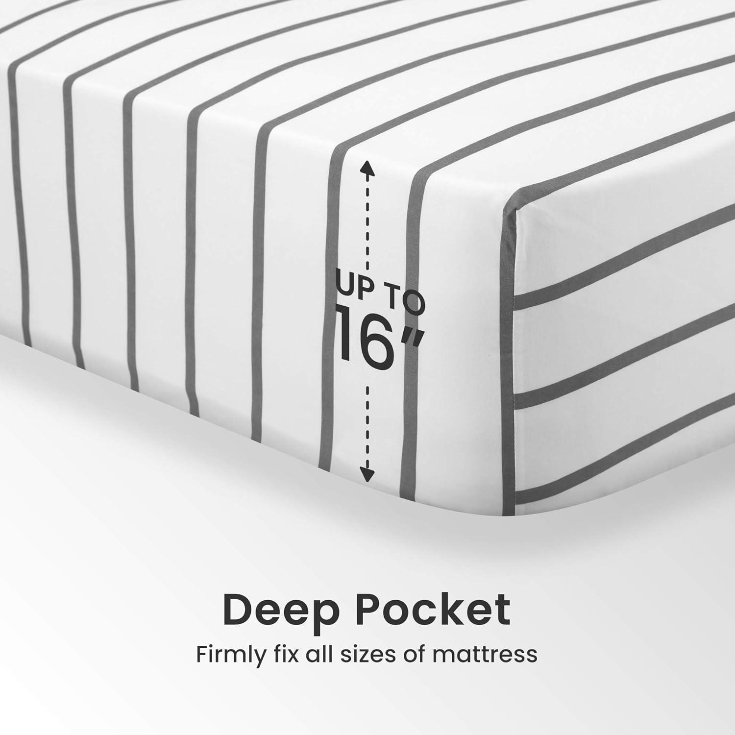 SLEEP ZONE Striped Sheet Set Queen Size 4 Piece - Double Brushed Microfiber Super Soft Breathable Bedding Sheet Deep Pocket 16" (Grey Stripe Printed on White)
