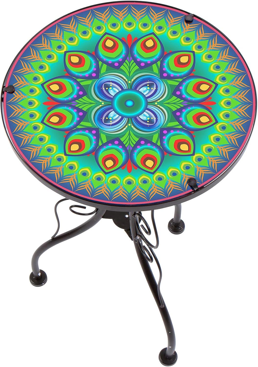 22" Vibrant Peacock Design Glass and Metal Side Table