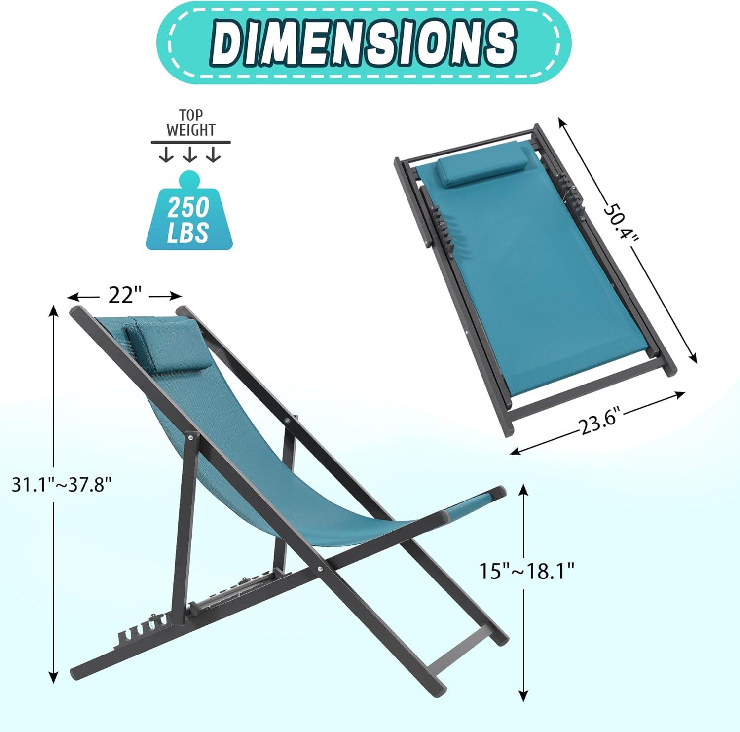 Set of 2 Blue Folding Beach Sling Chairs with Aluminum Frame