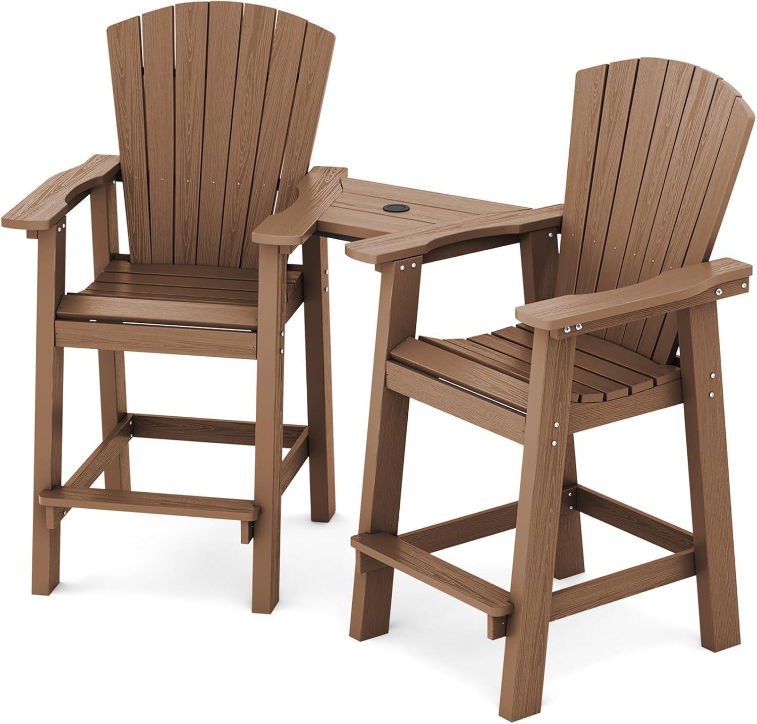JUSTLET Tall Plastic Adirondack Chair Set of 2 W/ Outdoor Barstools and Connecting Tray, Brown