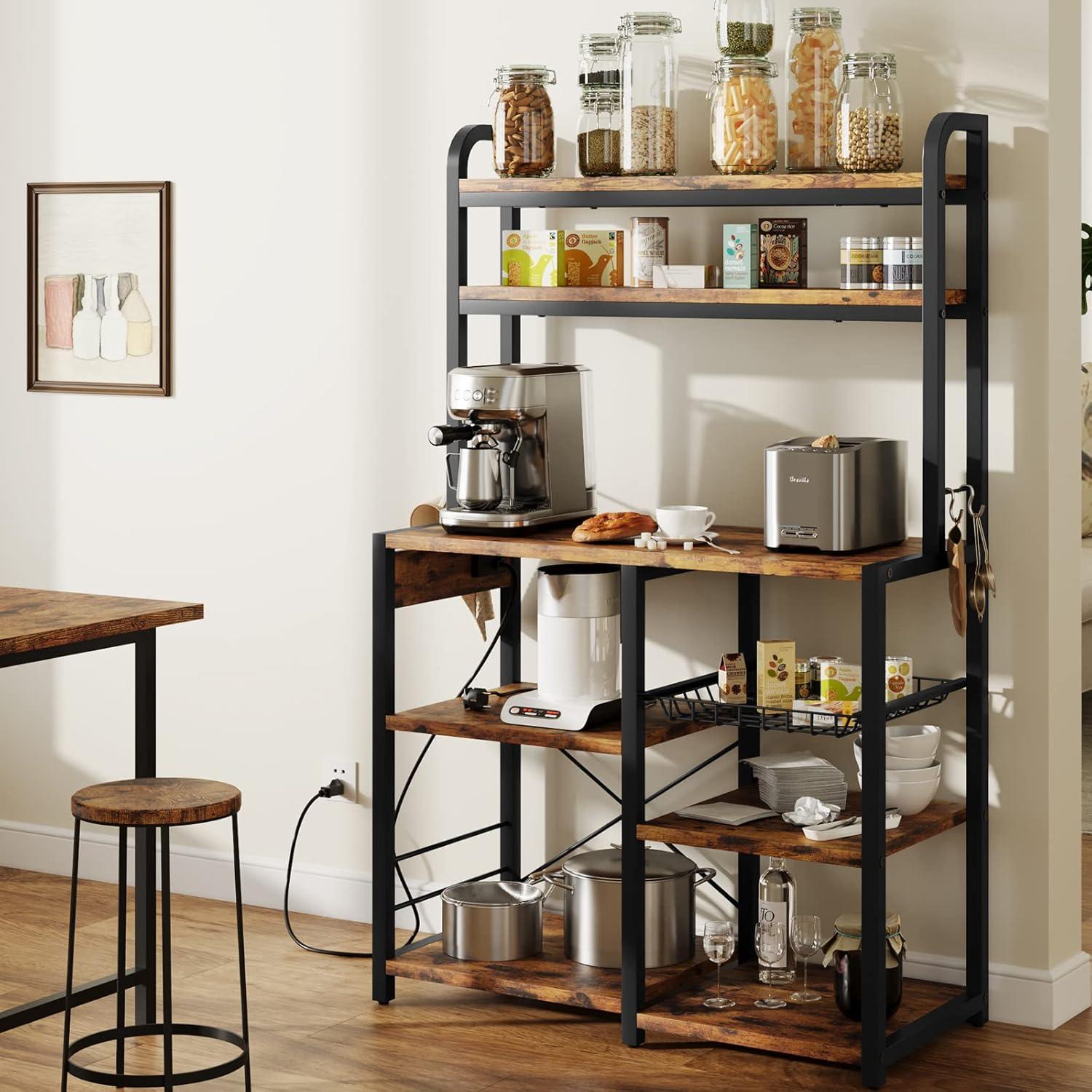 BakersRack with Power Outlet, Coffee Bar with Wire Drawer, Industrial Microwave Stand, Kitchen Buffet Table with Large Storage, 6-Tier Kitchen Storage Rack with Hutch, Rustic Brown