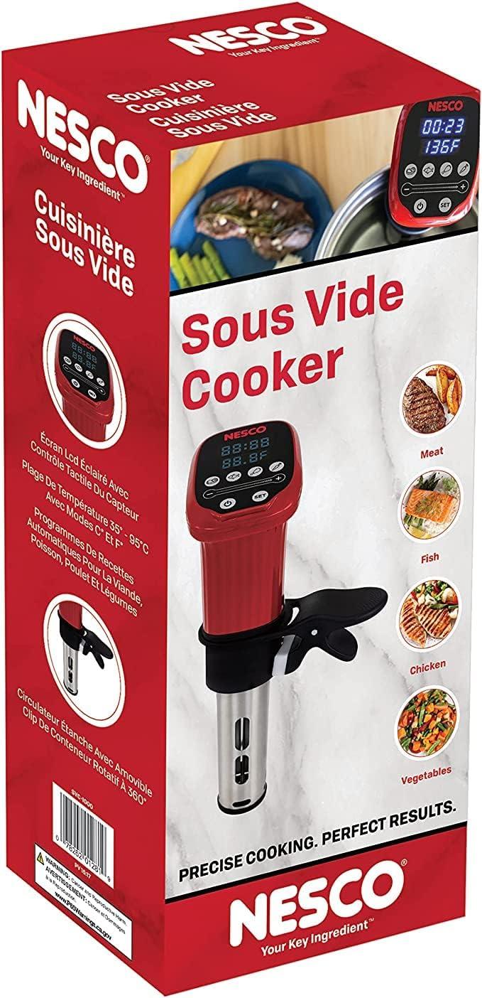 Nesco SVC-1000 Sous Vide Precision Cooker with Digital Display and Pre-Programmed Cooking Options for Meat, Fish, Chicken and Vegetables, 1000 Watts, Red and Black