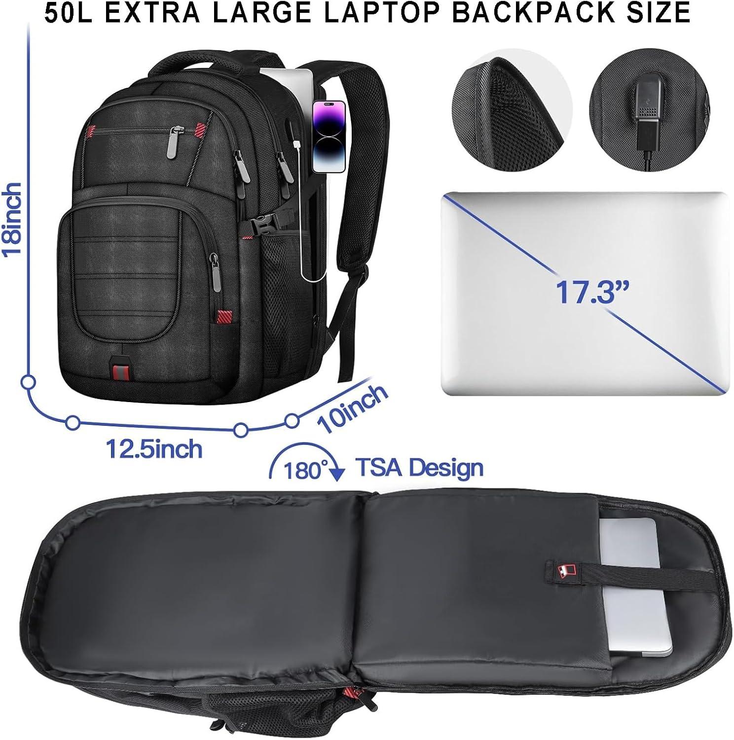 50L Travel Backpack, 17 inch Laptop Backpack for Men, Extra Large Sturdy TSA Friendly with USB Port College School Rucksack Bag Gifts for Him Men Women, Black