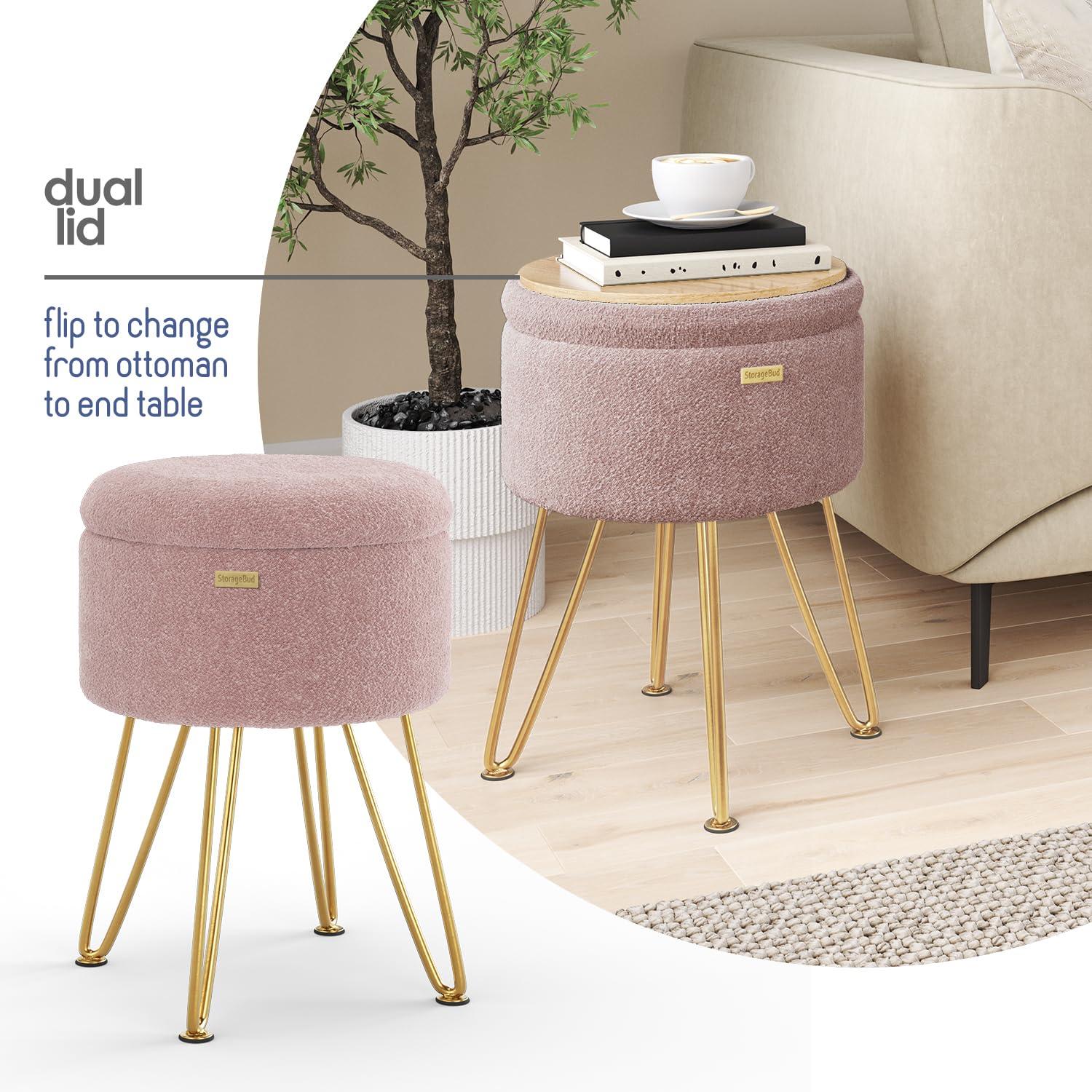 StorageBud Round Ottoman with Storage, Boucle Storage Ottoman, Modern Foot Stool Ottoman for Living Room and Bedroom, Pink/Gold Legs