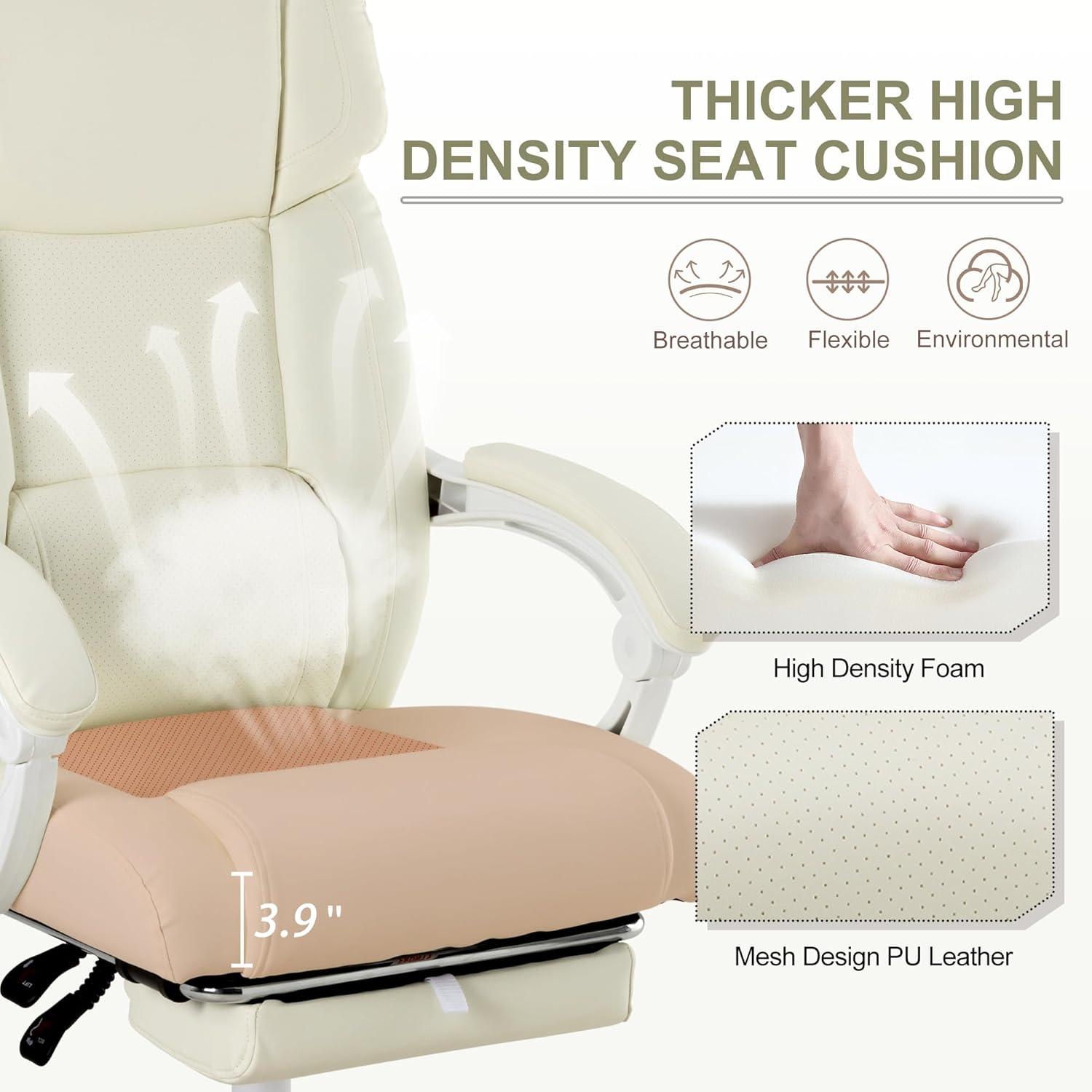 Executive Office Chair with Footrest,90-155°Adjustable Reclining Office Chair,Thick Leather Chair with Lumbar Support,Ergonomic Computer Desk Chair Comfy for Home Office (Cream White)