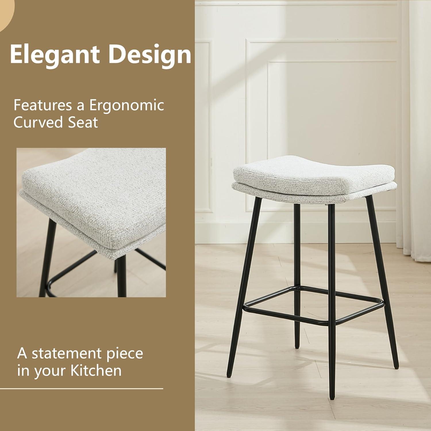 26 inch Counter Height Bar Stools Set of 2, Backless Saddle Bar Stools for Kitchen Counter, White Boucle Seat, Modern Kitchen Stools with Double Layered Cushion and Metal Legs