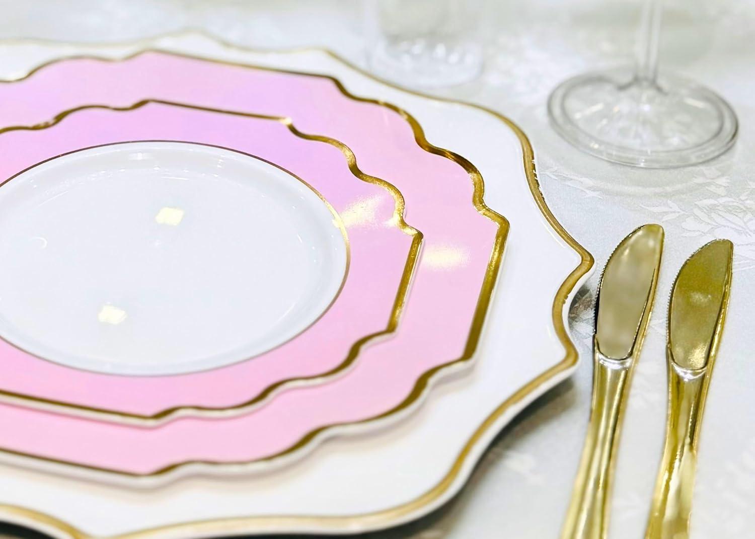 " OCCASIONS " 200 Piece set (25 Guests)-Wedding Plastic Plates & cutlery -Disposable heavyweight Dinnerware 10.5'', 8'' + Silverware + Cups + Napkins (Imperial in Rose Pink & Gold)