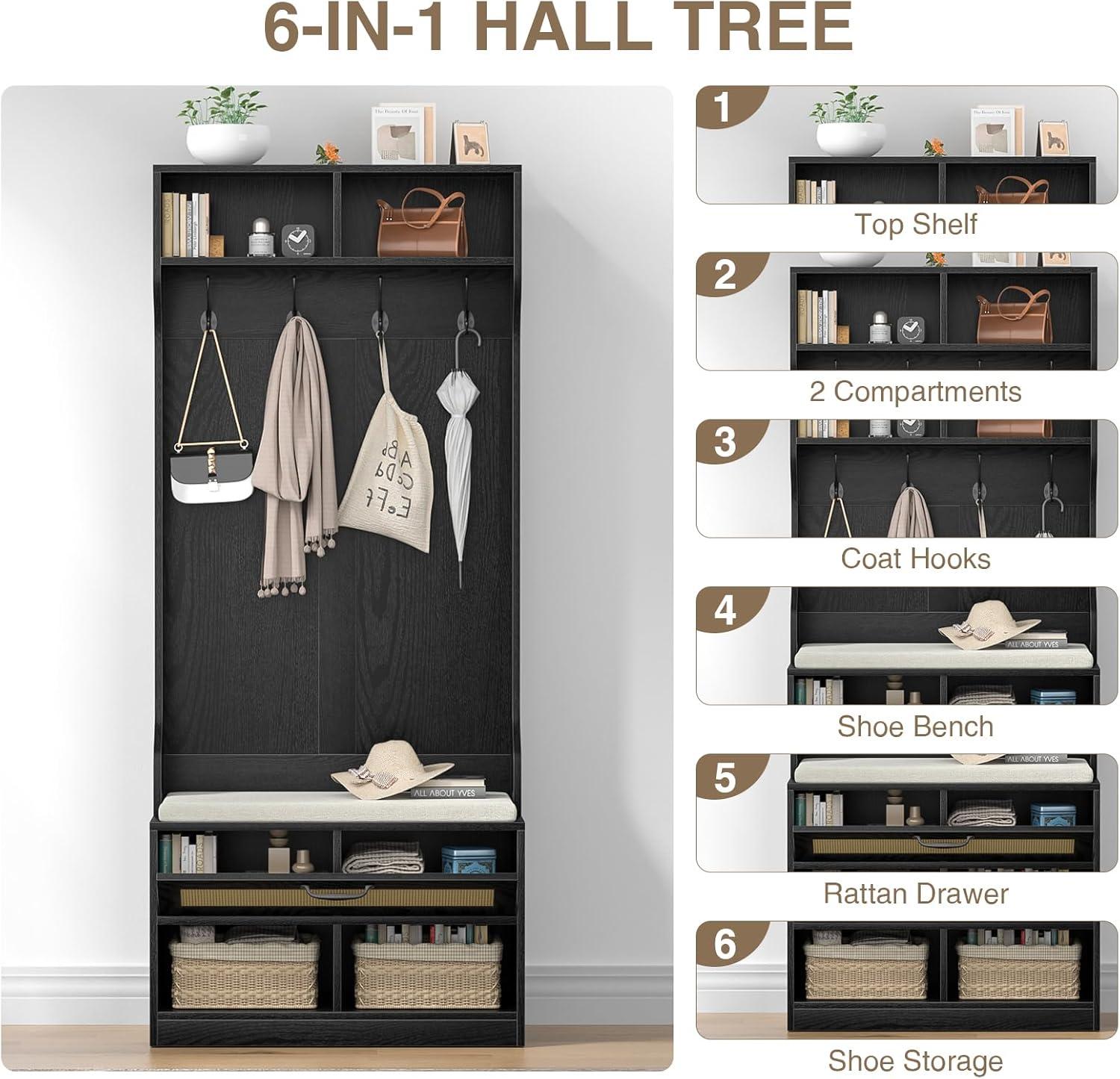 Anmytek Hall Tree with Bench and Shoe Storage, Entryway Coat Rack with 6 Compartments 4 Hooks & Rattan Door, Shoe Storage Bench with Soft Cushion for Hallway, Living Room, Mudroom