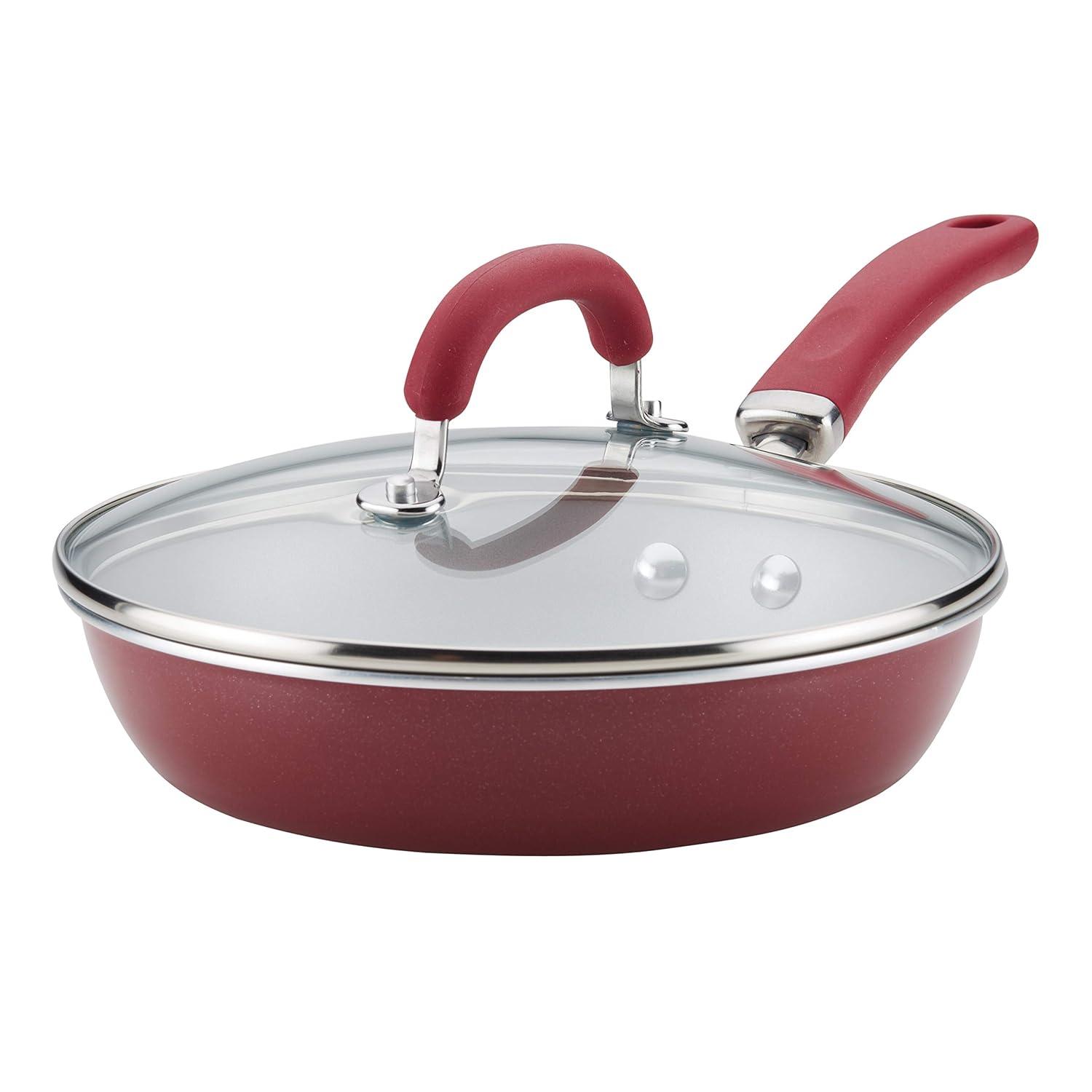 Rachael Ray Create Delicious Aluminum Nonstick Covered Deep Frying Pan, 9.5-Inch, Red Shimmer