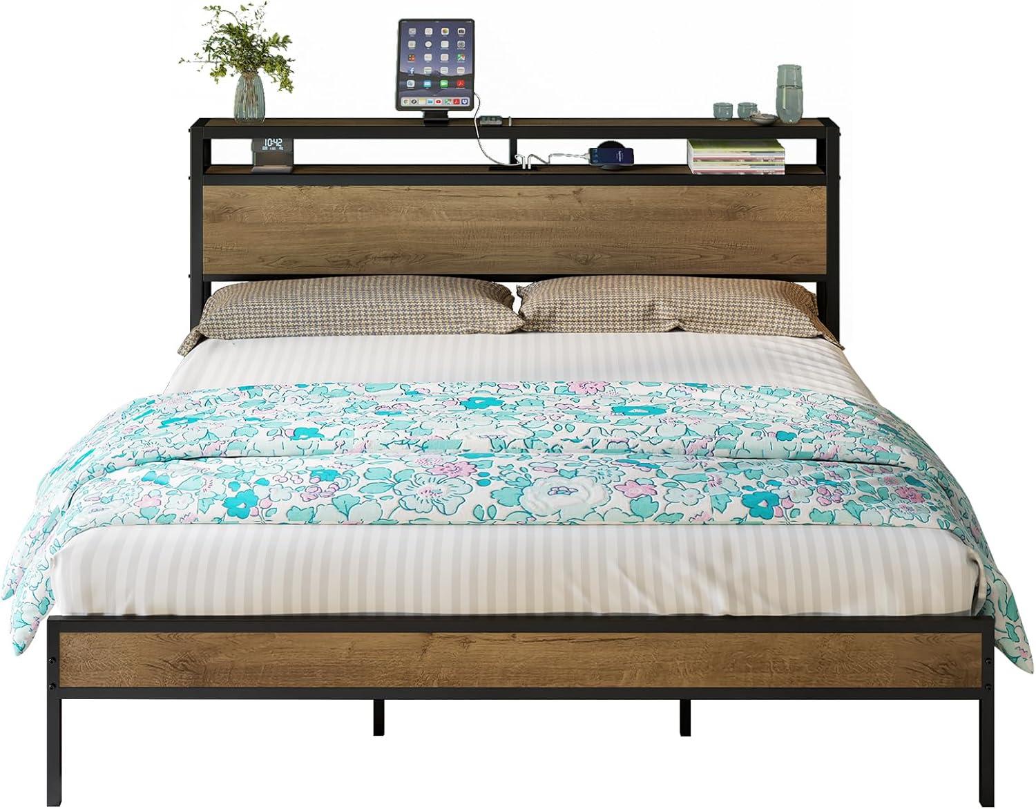 VANACC Metal Wood King Size Bed Frame with 2-Tier Storage Headboard and Charging Station, Light Brown