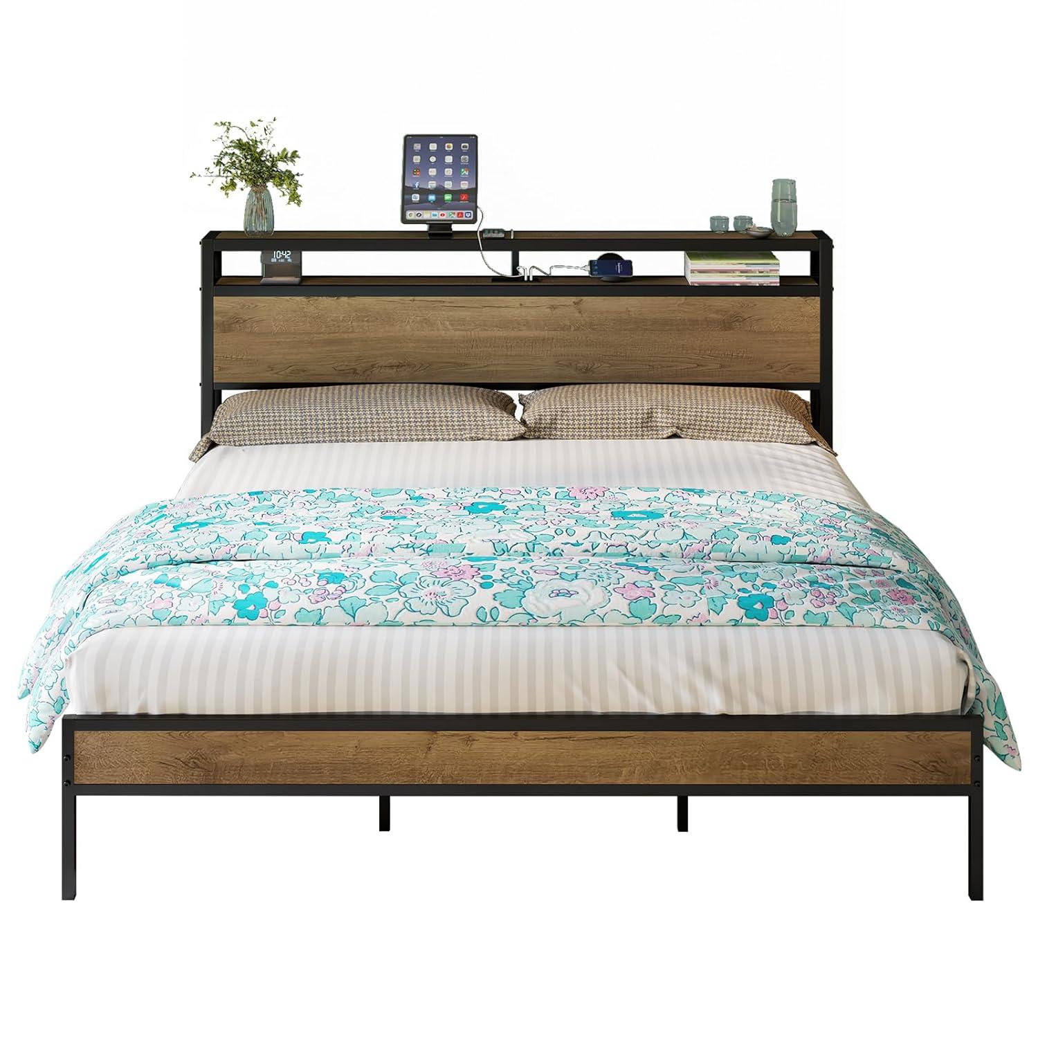 VANACC Metal King Size Bed Frame with 2-Tier Storage Headboard and Charging Station, Light Brown