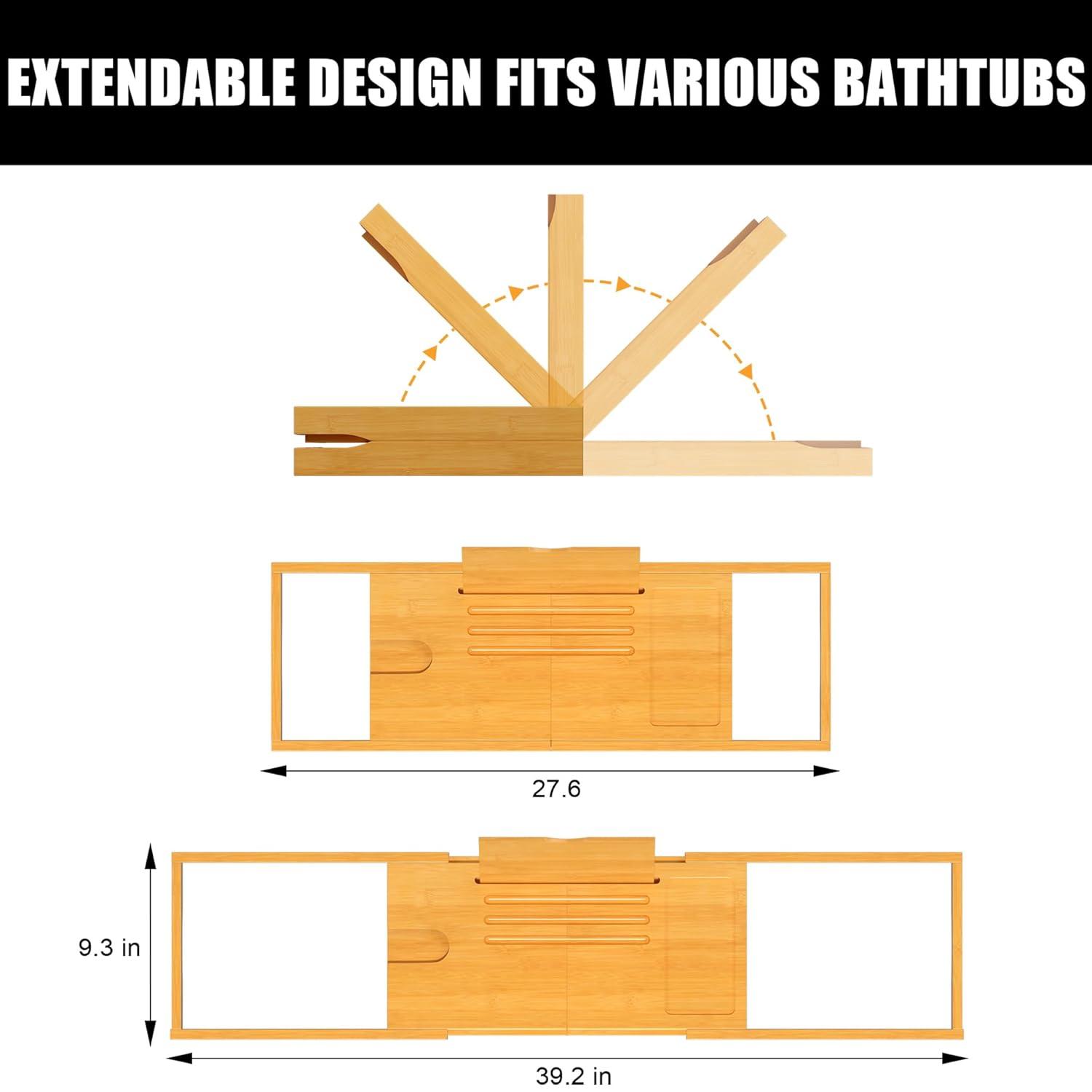 Premium Bathtub Caddy Tray,Expandable Bamboo Bath Tray for Tub,Foldable Minimalist Bathroom Accessories with Book Stand for Home Spa Relaxing,Unique House Warming Gifts,Natural