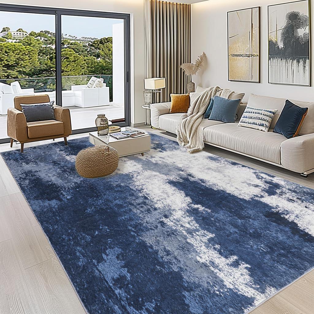 WhizMax 5'x7' Modern Blue Abstract Area Rug Machine Washable Contemporary Rug Soft Foldable Thin Accent Rug Anti-Slip Non-Shedding Floor Carpet