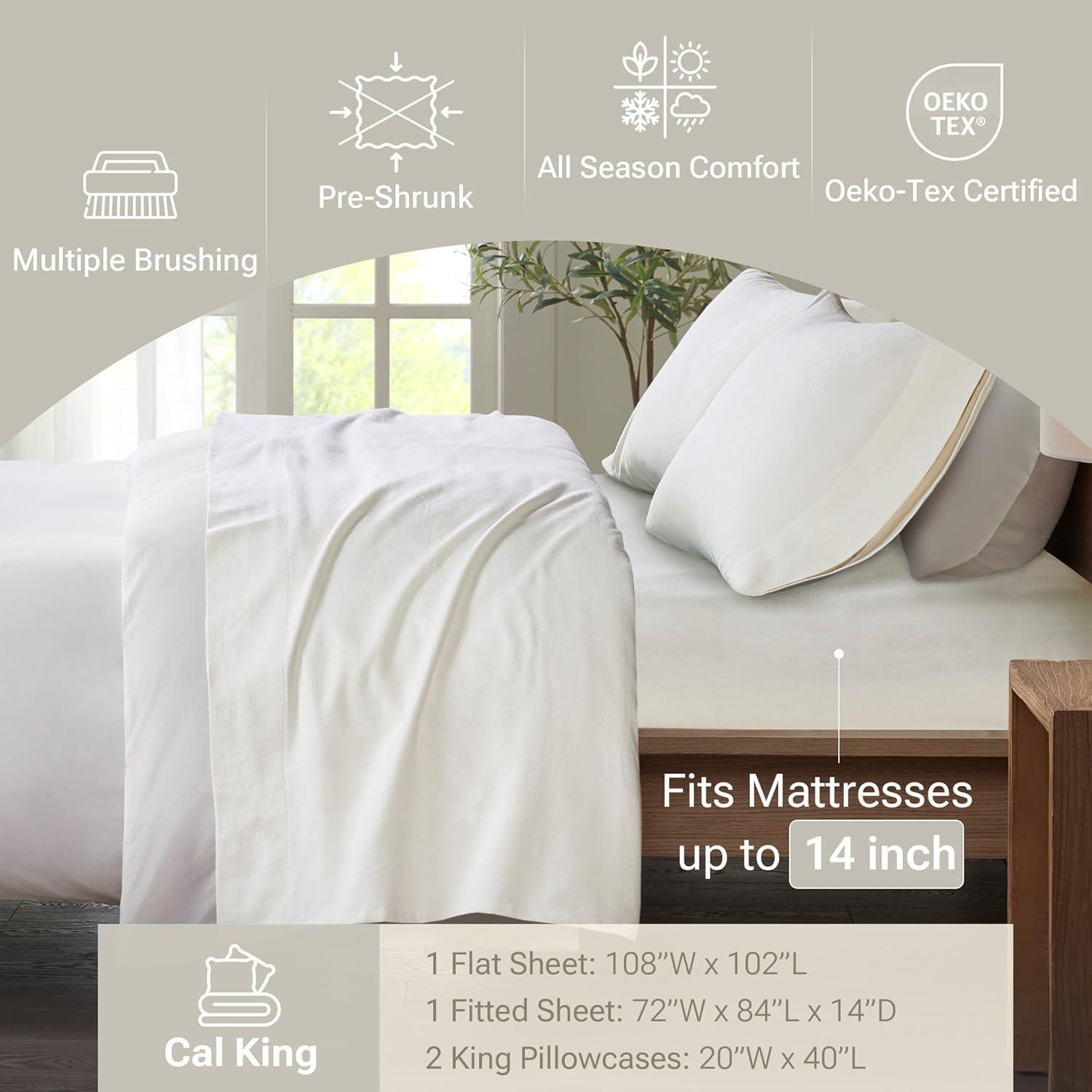 Cal King Size Bed Sheets Set, 4-Piece Cozy Cotton Flannel Sheets Set Cal King with Deep Pocket Fitted Sheet, Ivory Solid