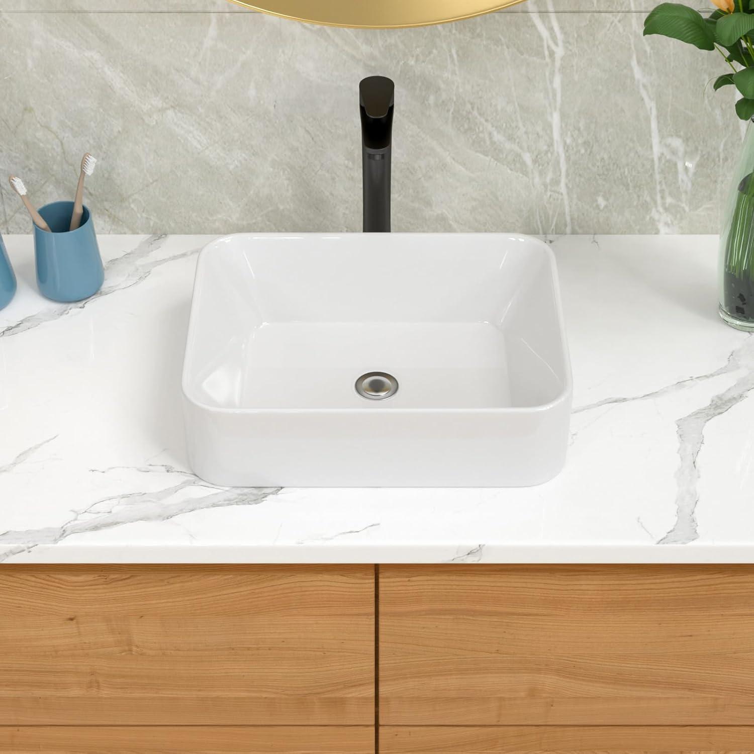 19"X15" Glossy Ceramic Rectangular Vessel Bathroom Sink with Faucet
