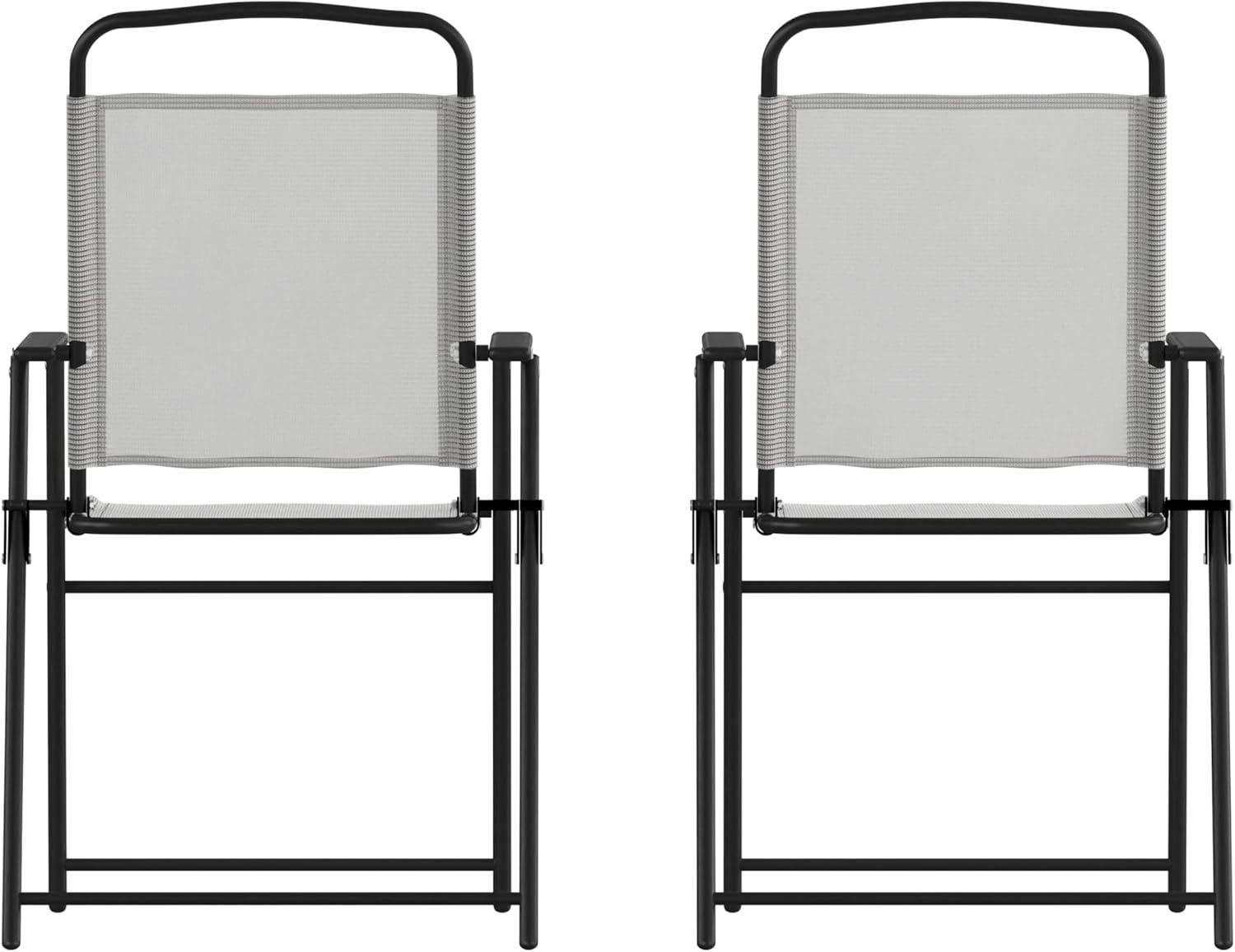 Flash Furniture Set of 2 Mystic Folding Patio Sling Chairs, Outdoor Textilene Lawn Chairs with Armrests in Gray