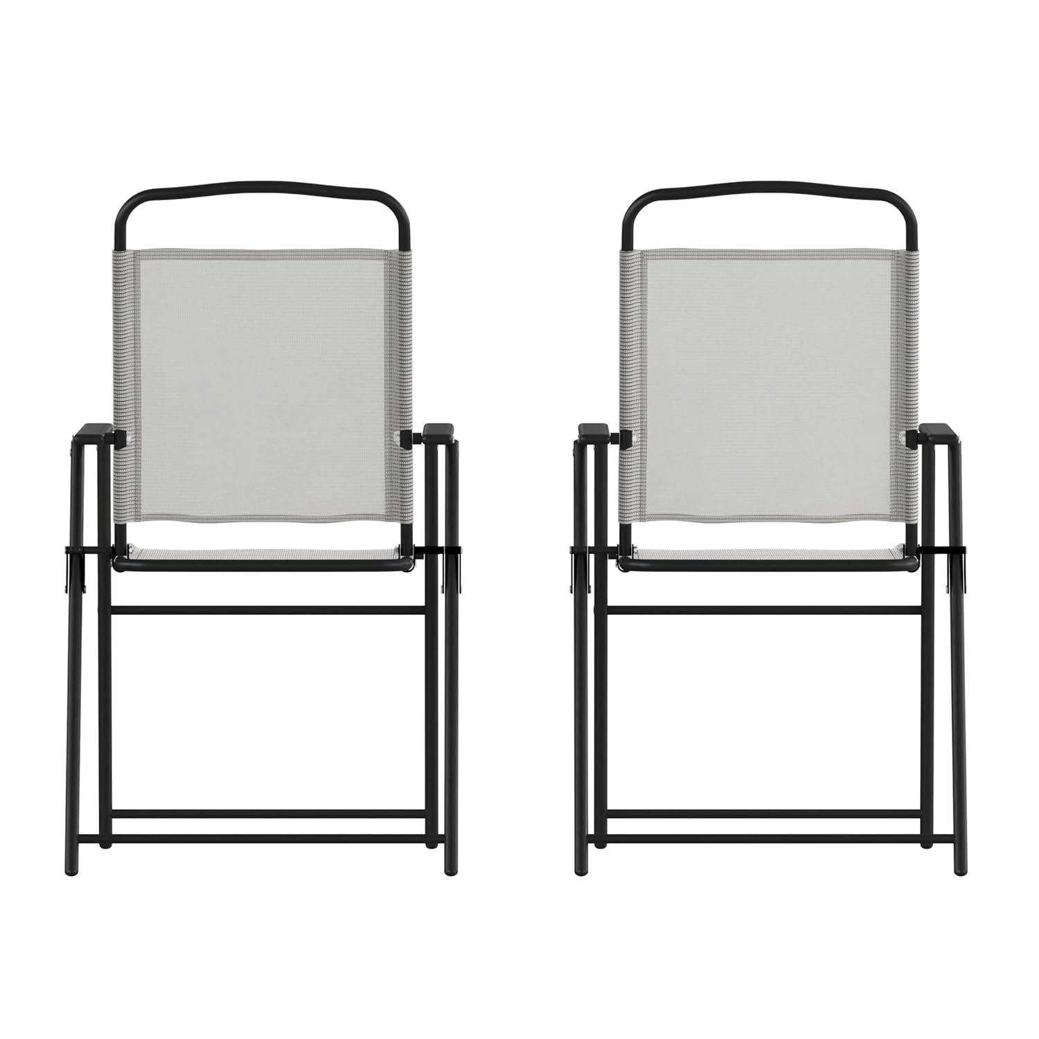 Flash Furniture Set of 2 Mystic Folding Patio Sling Chairs, Outdoor Textilene Lawn Chairs with Armrests in Gray