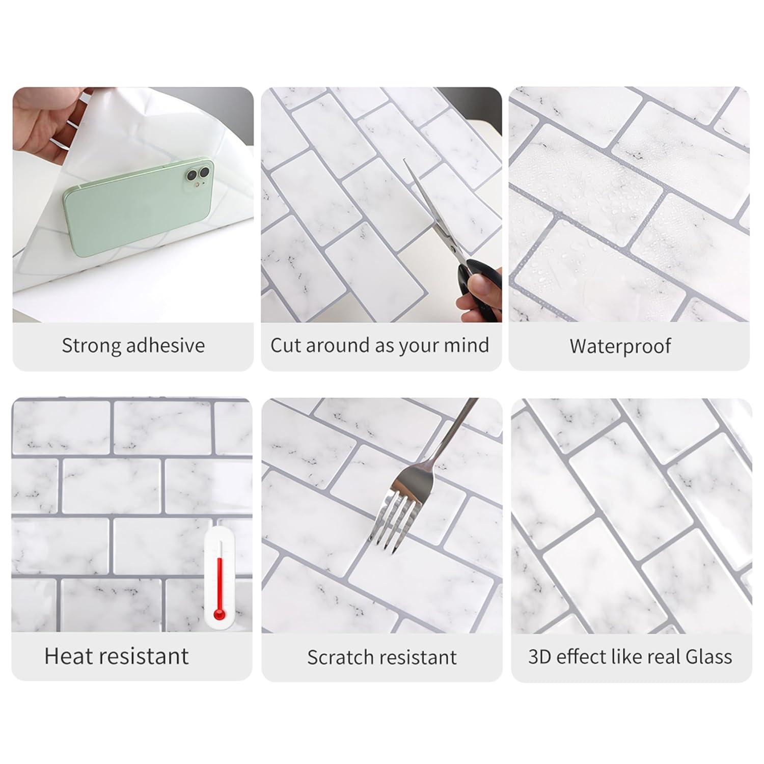 12" x 12" Vinyl Backsplash White Marble Peel & Stick Subway Tile