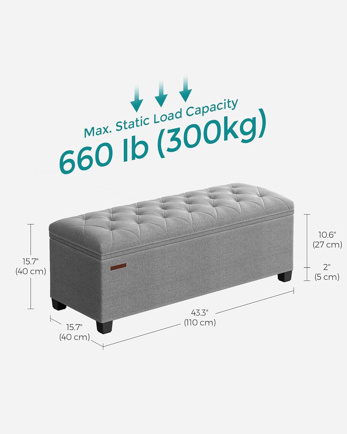 wangc123 Storage Ottoman Bench, Foldable Foot Rest with Legs, 15.7 x 43 x 15.7 Inches, End of Bed Bench, Storage Chest, Load up to 660 lb, for Living Room, Bedroom, Entryway, Light Gray ULSF088G02