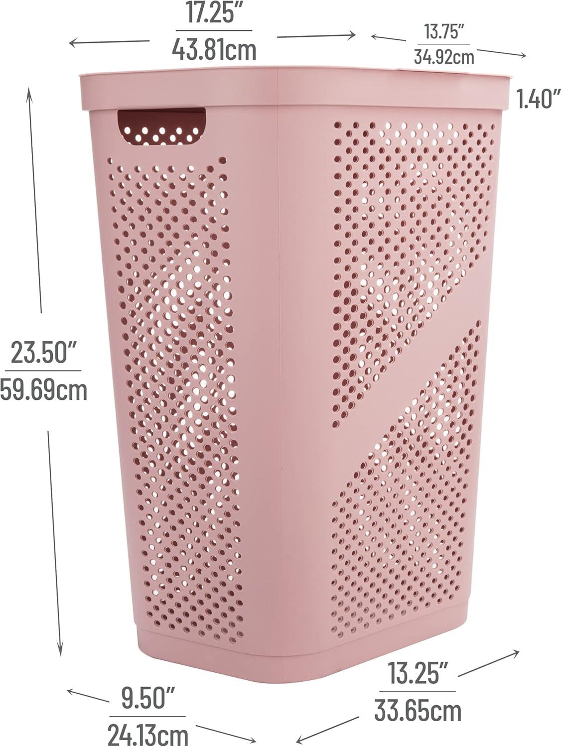 Mind Reader Perforated Plastic Hamper with Lid 60 Liter/16 Gallon, Lightweight Hamper, Pink