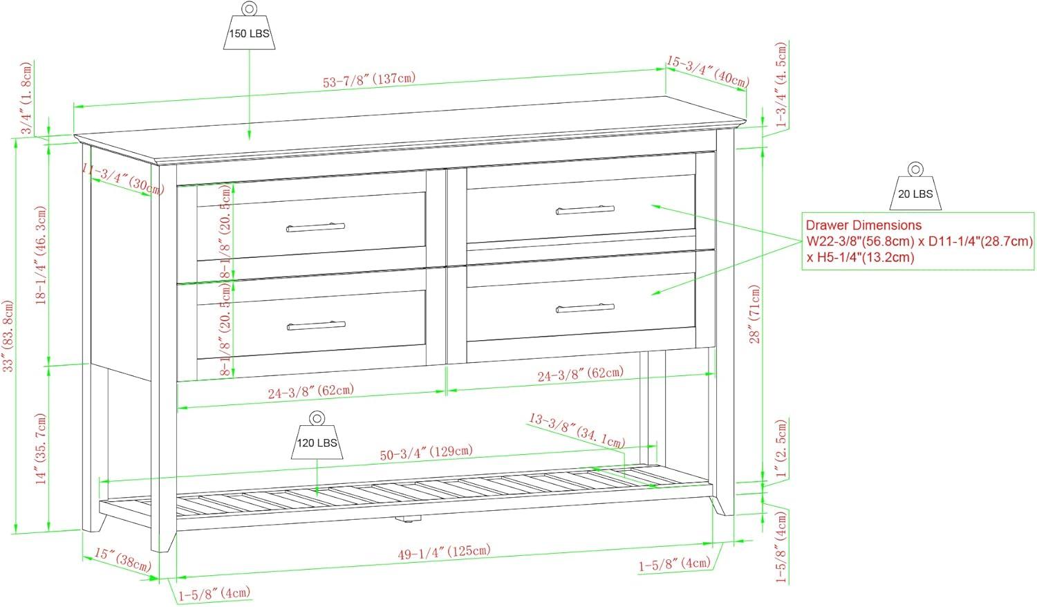 Graphite and White Marble 54" 4-Drawer Buffet with Lower Shelf