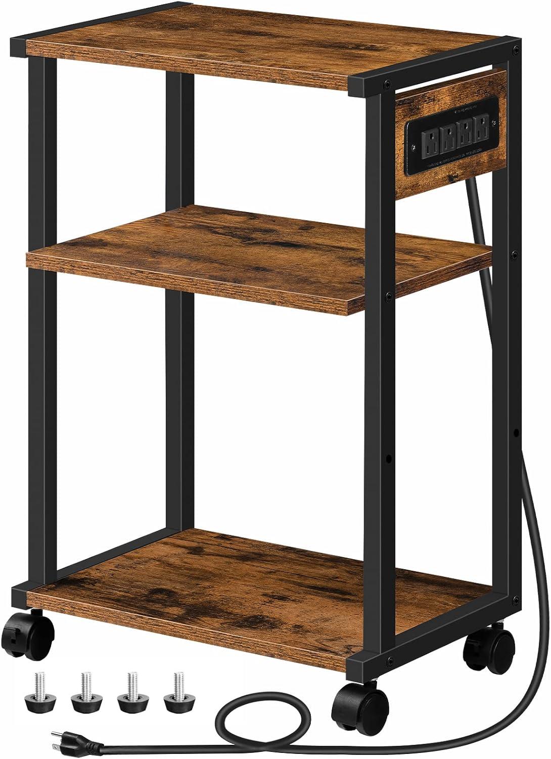 Rustic Brown and Black 3-Tier Industrial Printer Stand with Charging Station