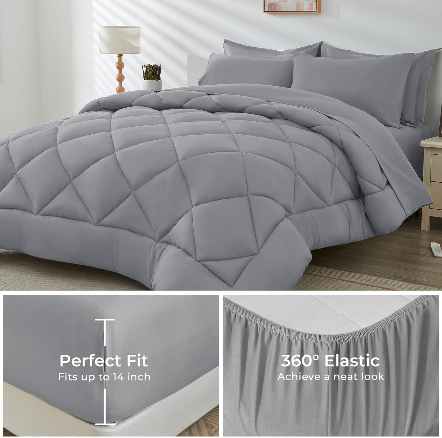 Cozy Comfort Full Size Comforter Sets - 7 Pieces Reversible Full Bed in a Bag, Grey Full Bedding Sets with Comforters, Sheets, Pillowcases & Shams