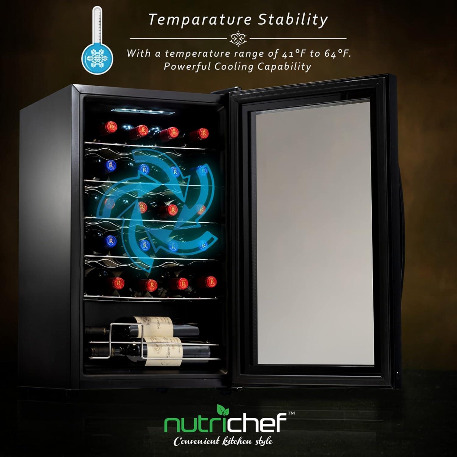 NutriChef 24 Large Freestanding Bottle Compressor Wine Cooler Refrigerator Cooling System, (Black)