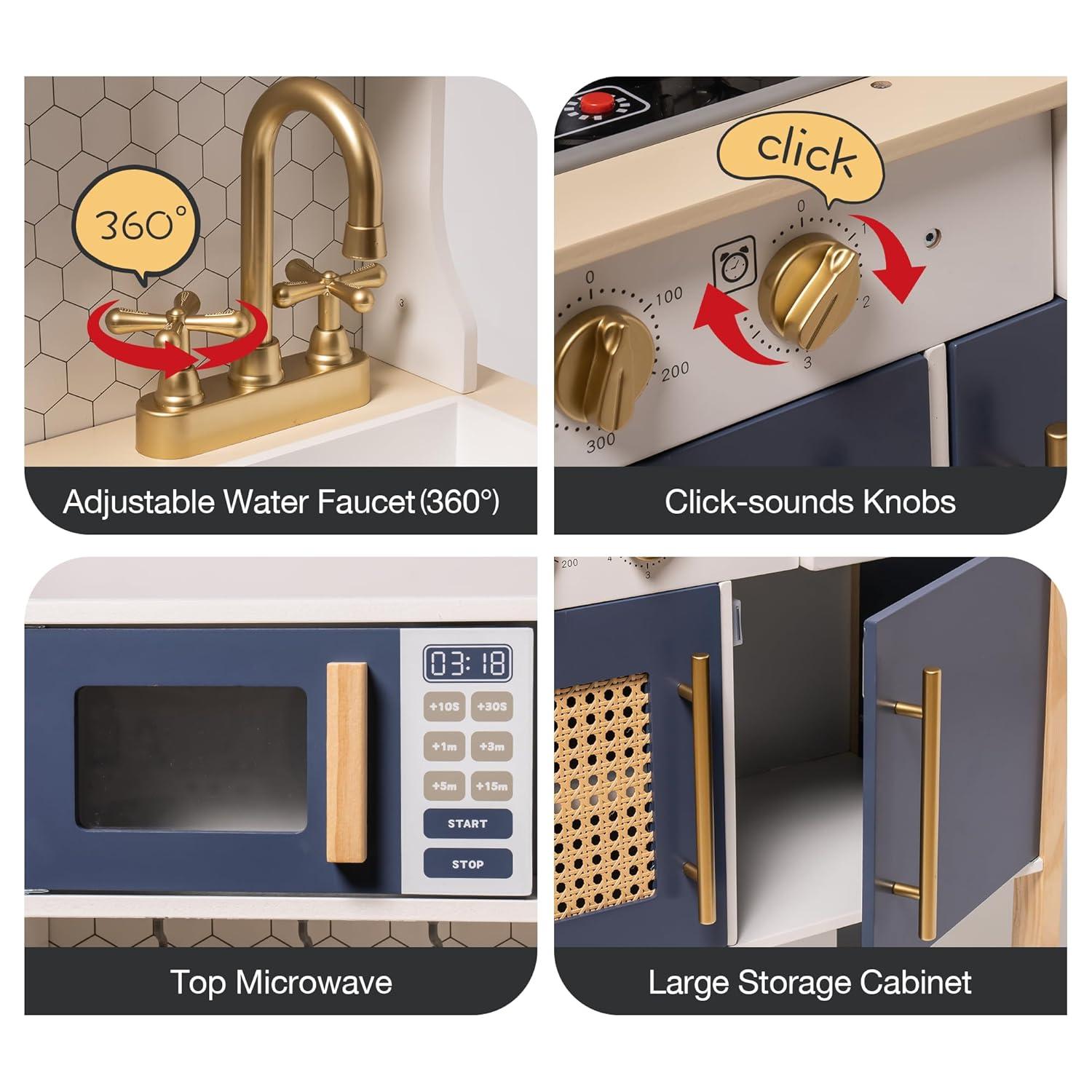 Robud Play Kitchen, Wooden Adjustable Height Pretend Playset for 3+ Boys and Girls, w/Sound & Light,Gem Blue